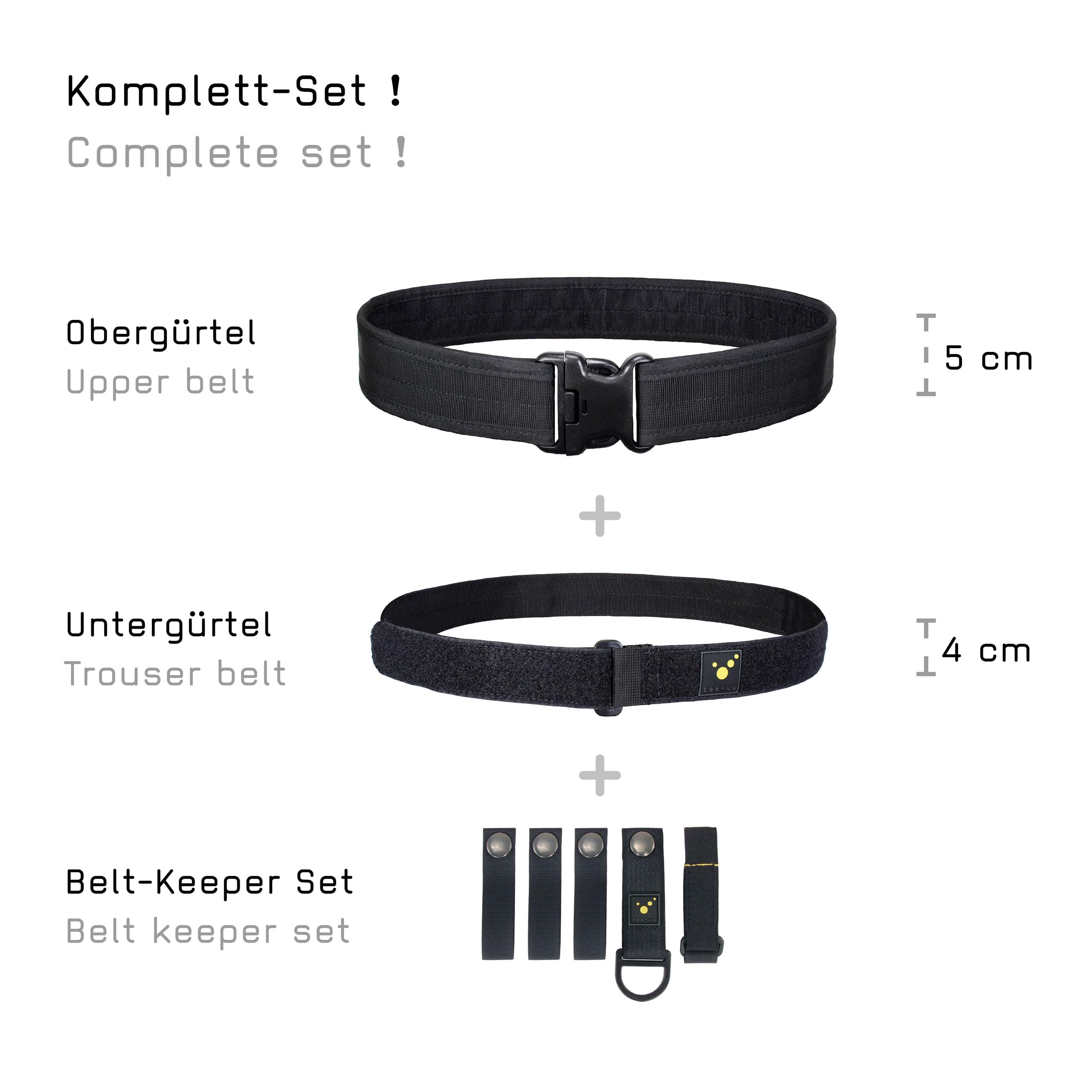 tee-uu Juego completo de cinturón de seguridad (S-XXL), color negro, incluye cinturón interior y juego de Belt Keeper, XXL (contorno de cadera 130 – 150 cm)