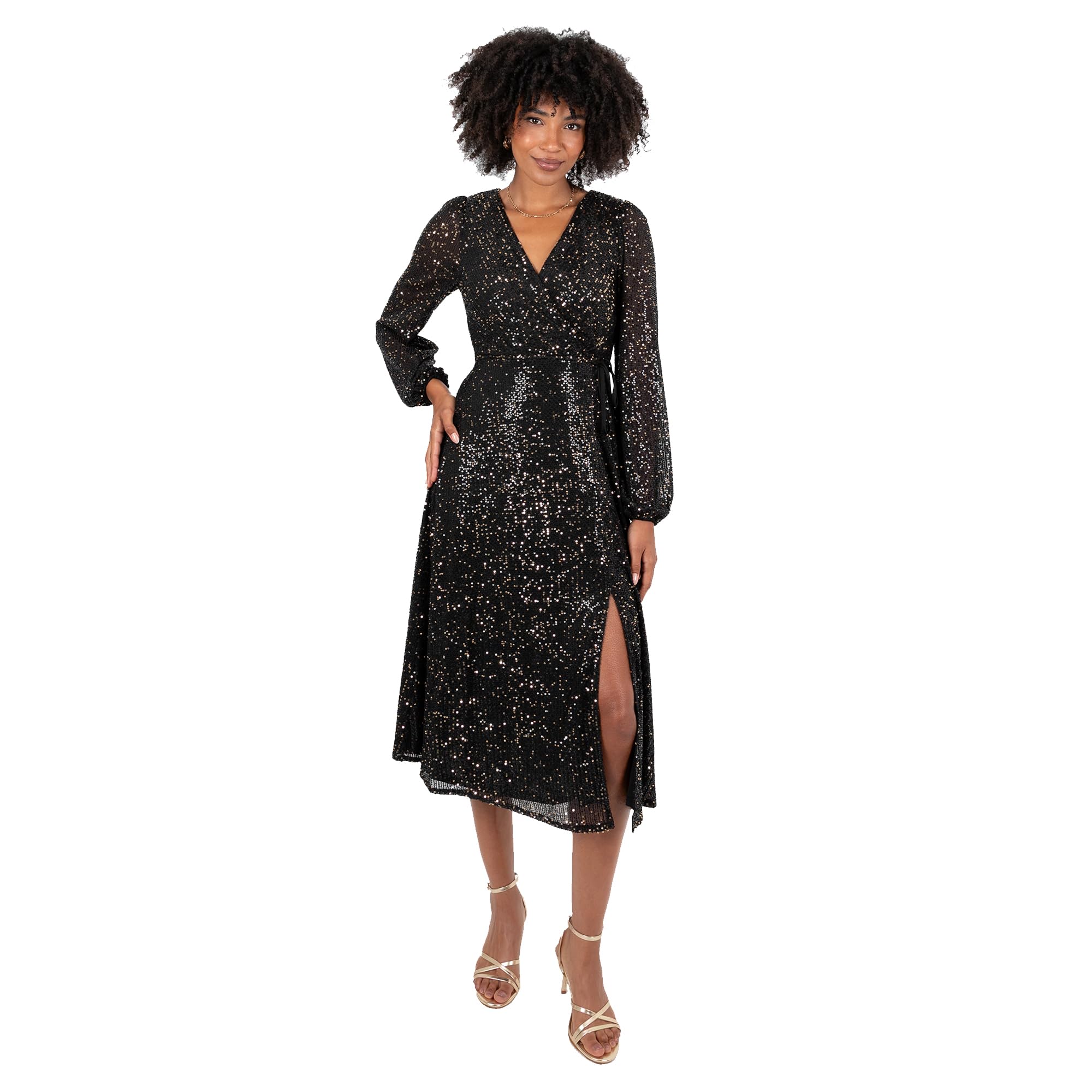Lovedrobe Womens Curve Black Sequin Occasion Dress, Elegant Long Sleeve Wrap Midi Dress with Side Slit Size 22