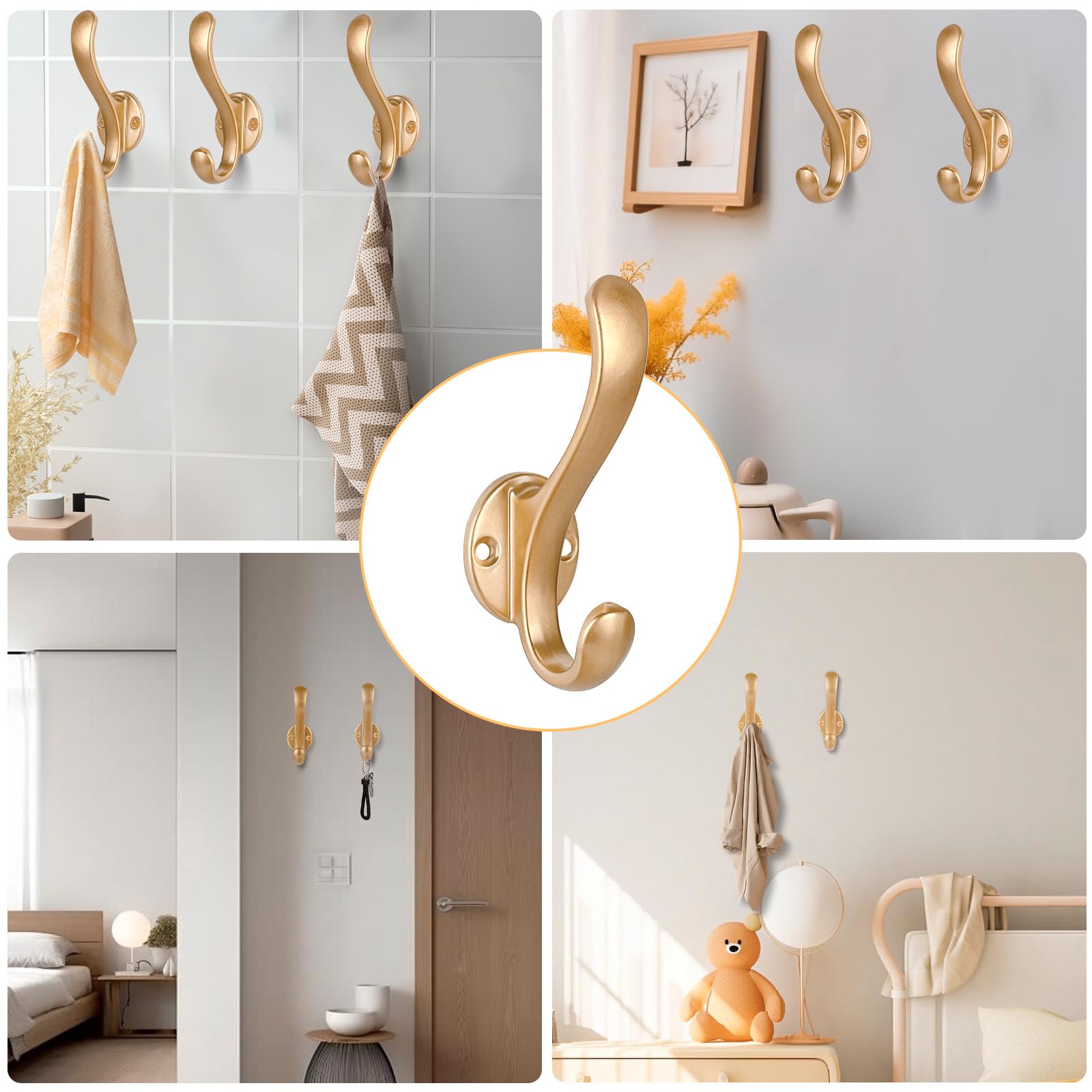 Confezione da 10 ganci appendiabiti da parete, resistenti, stile retrò, doppi ganci per appendere cappotti, cappelli, asciugamani, chiavi, accappatoi, sciarpe, borse, cappelli (oro)