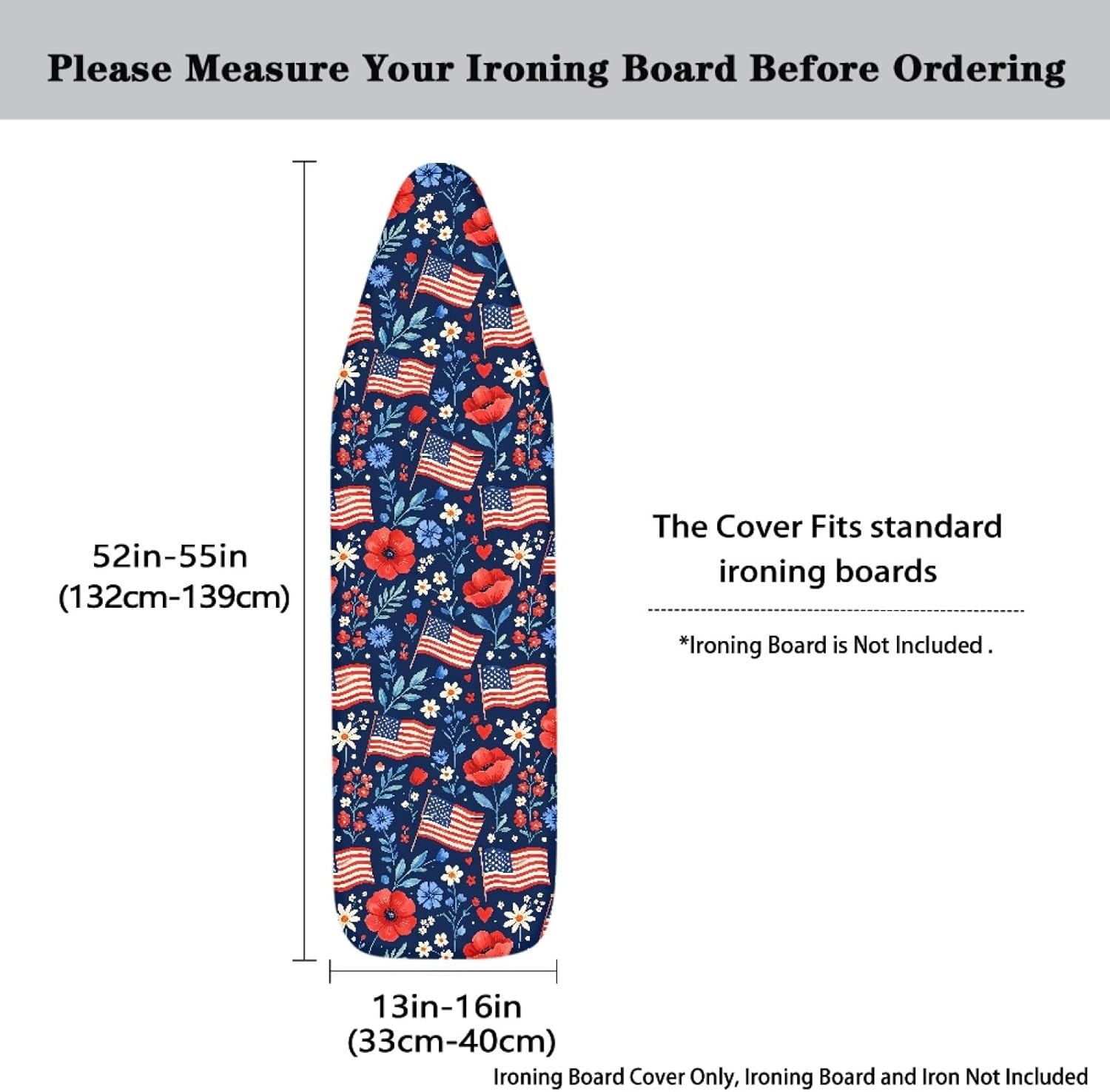 4th of July Ironing Board Cover, 16"x55" Standard Ironing Board Cover with Elastic Edge and Hook and Loop Fasteners, Scorch & Stain Resistant, Polyester Home Ironing Board Covers, Star Bright
