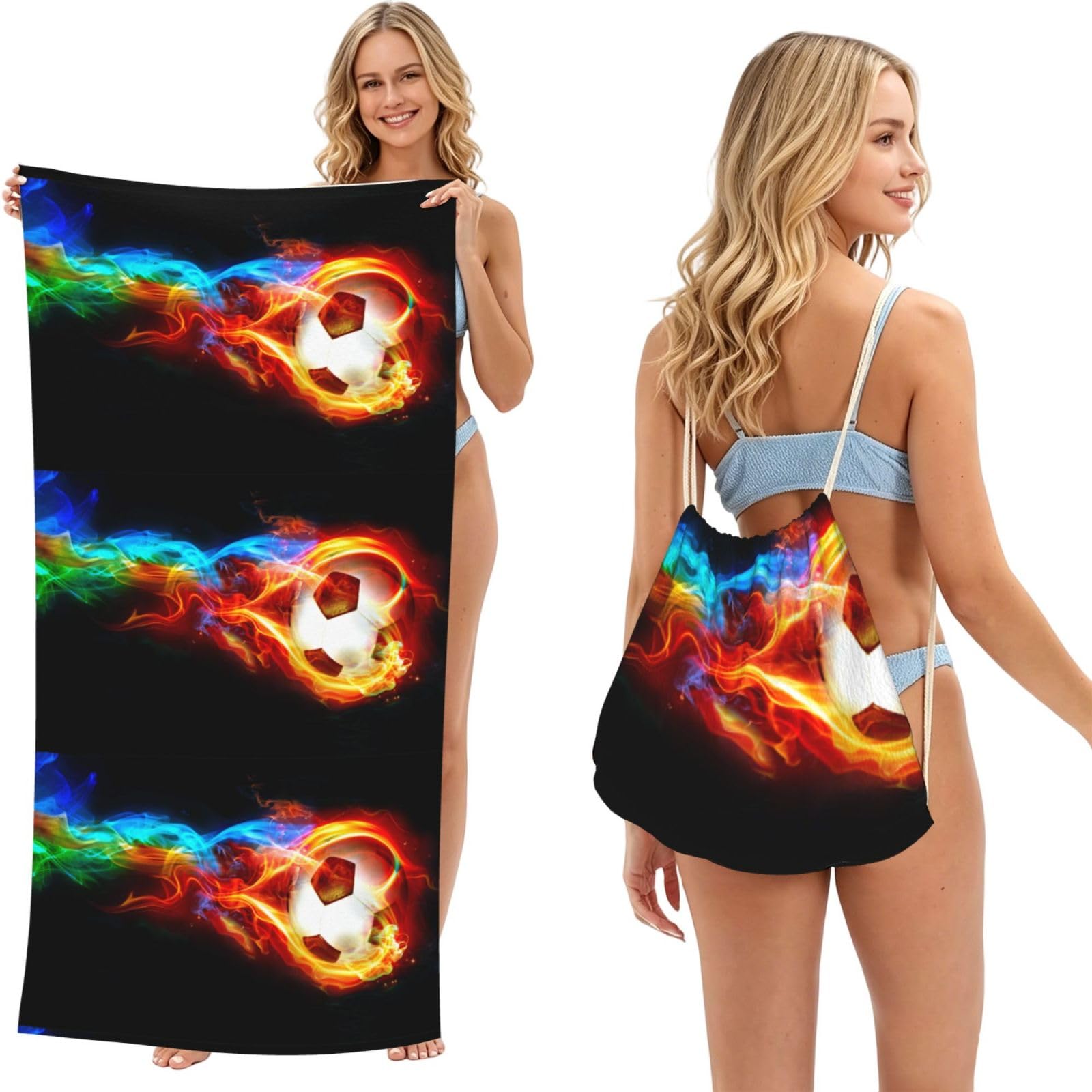 Poadnly As Picture Soccer Printed, 2 In 1 Packable Towel Bag, Beach Towels With Drawstring Backpack For Travel Holiday Camping
