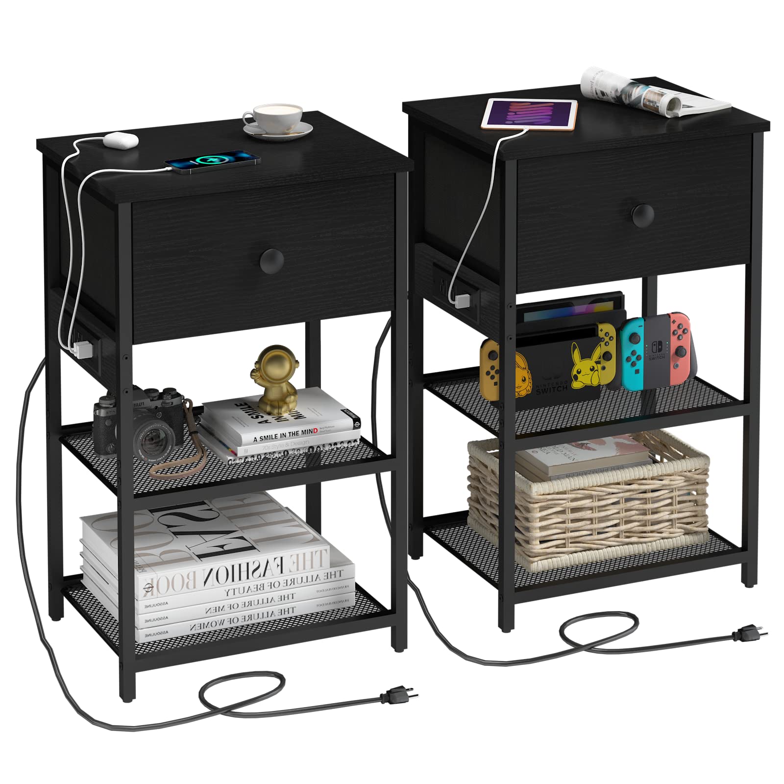 LTTDOUK Nightstands set of 2 with Charging Station, Bedside Tables with Fabric-Wood 2-in-1 Drawer, Slim End Table for Small Spaces, Black Side Table with USB Ports and Outlets for Bedroom, Living Room