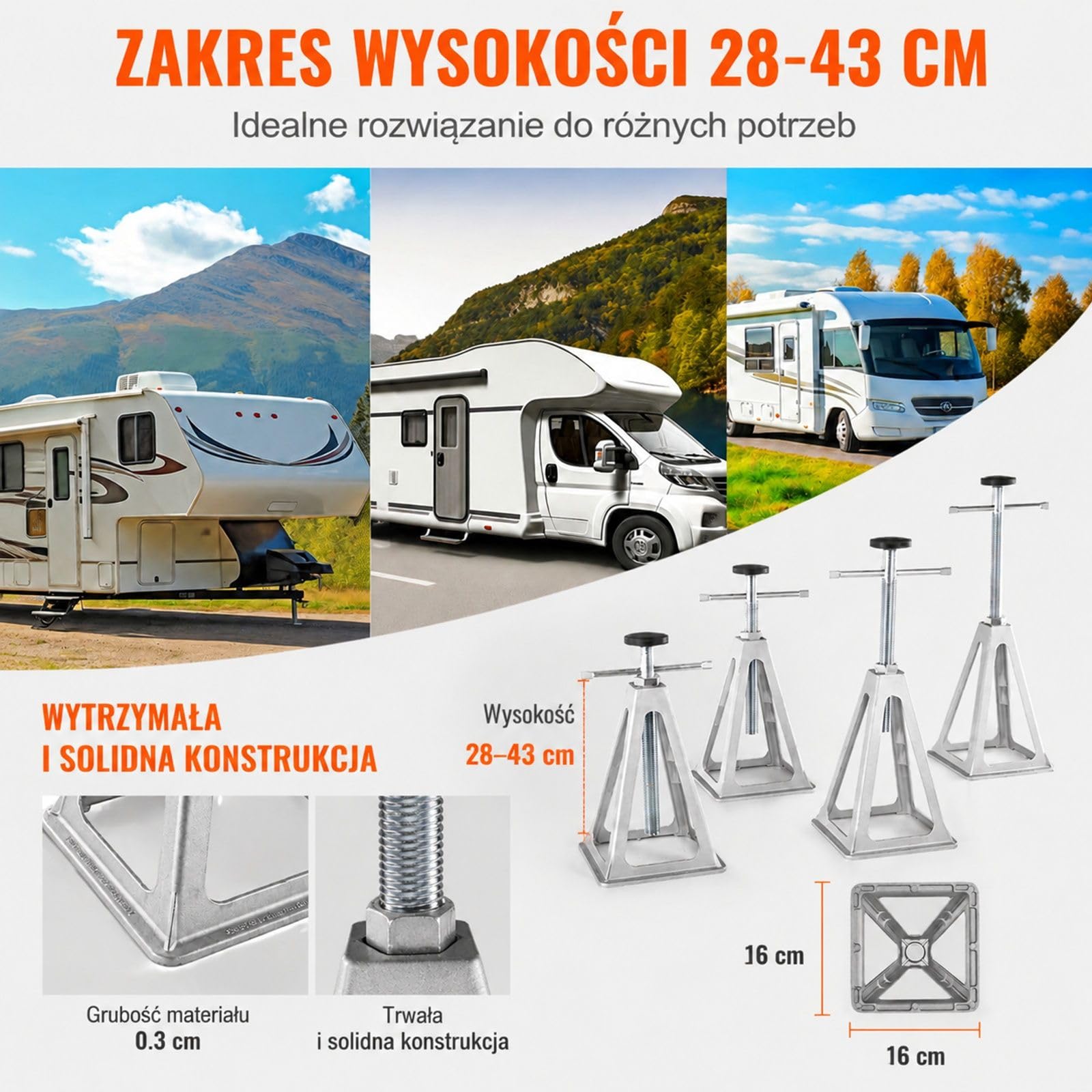 Zestaw 4 podnośników do kampera, srebrne podpory stabilizujące z korbą do przyczepy kempingowej