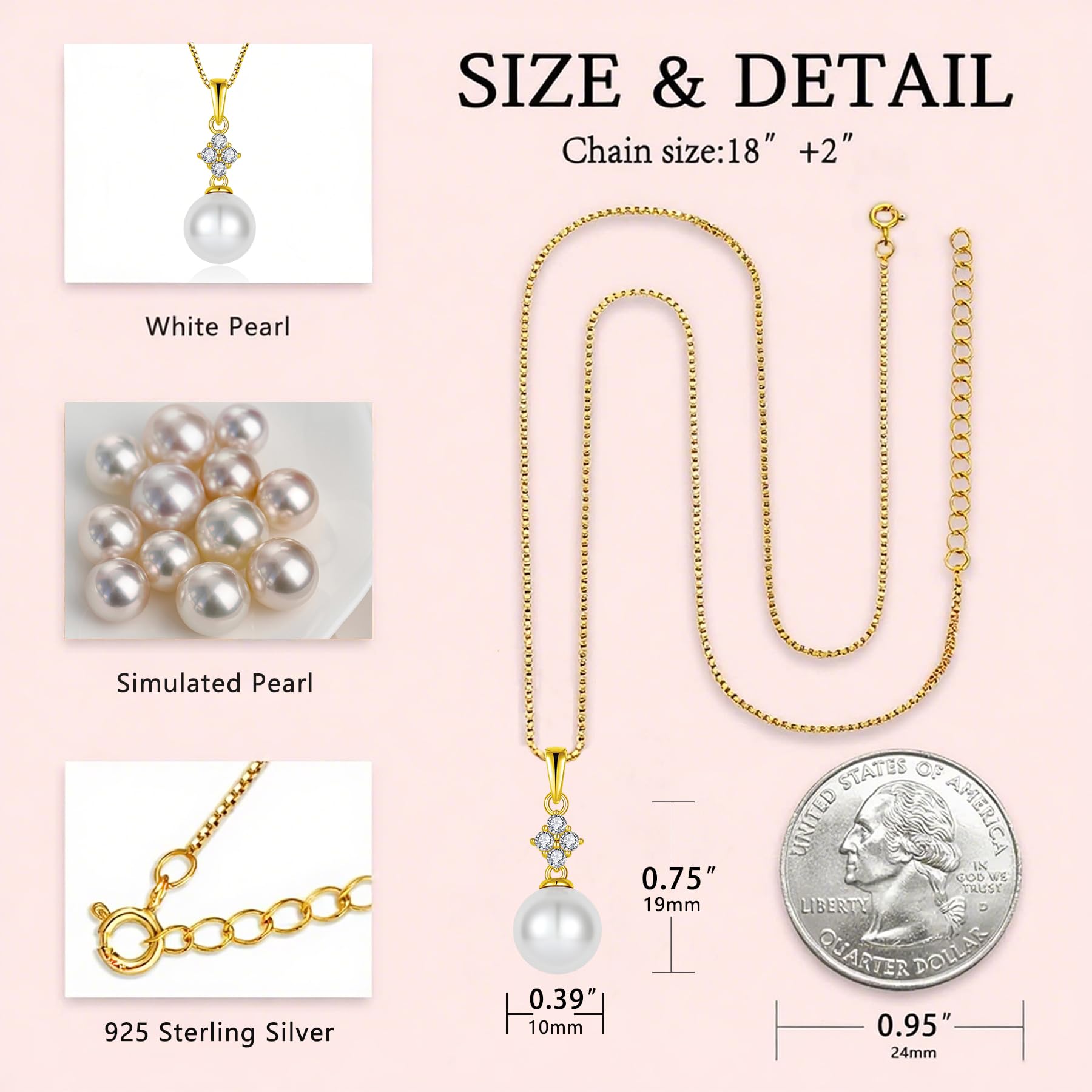 Pearl Necklace for Women 925 Sterling Silver Whit 5A Cubic Zirconia Dainty Pearl Pendant Necklace Jewelry Mother's Day Birthday Christmas for Wife Mom Her: Yellow Gold -White Pearl