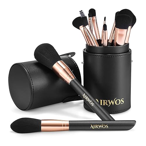 AIRWOS Juego de brochas de maquillaje profesionales, 14 piezas, pinceles de maquillaje con asas de perlas de alta calidad, base sintética, cepillo