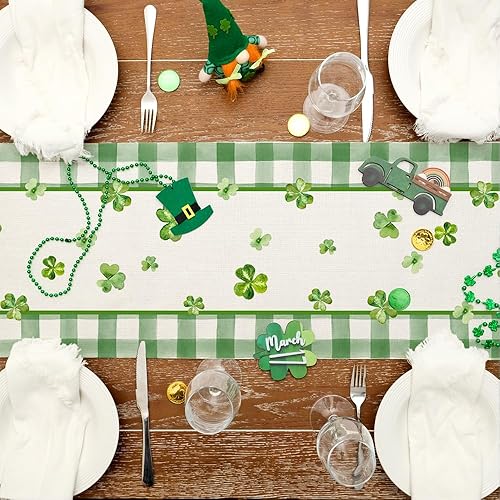 Vista 3 de GEEORY Camino de mesa del Día de San Patricio de 13 x 36 pulgadas, tarro de masón a cuadros de tréboles, decoración decorativa de mesa navideña