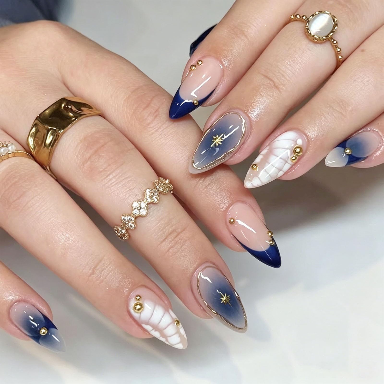 24Pcs Almond Blue French Tip Press On Nails 3D Gold Design with Jelly Glue | Salon Quality, 3D Gold French Press On Nails, Easy Apply, Comfortable Wear, Fake Nails With Jelly Glue, For Parties & Events-picture-17