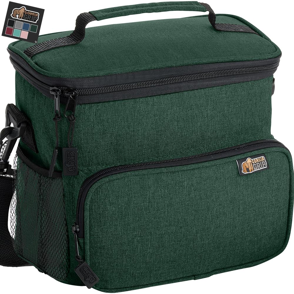 GORILLA GRIP Reusable Insulated Lunch Box Bag, Large Capacity, Leakproof Soft Cooler Bags, Mesh Pockets and Adjustable Strap, Food Tote for Work Camping School, Keep Drinks Cold, 8L, 10x9 Hunter Green