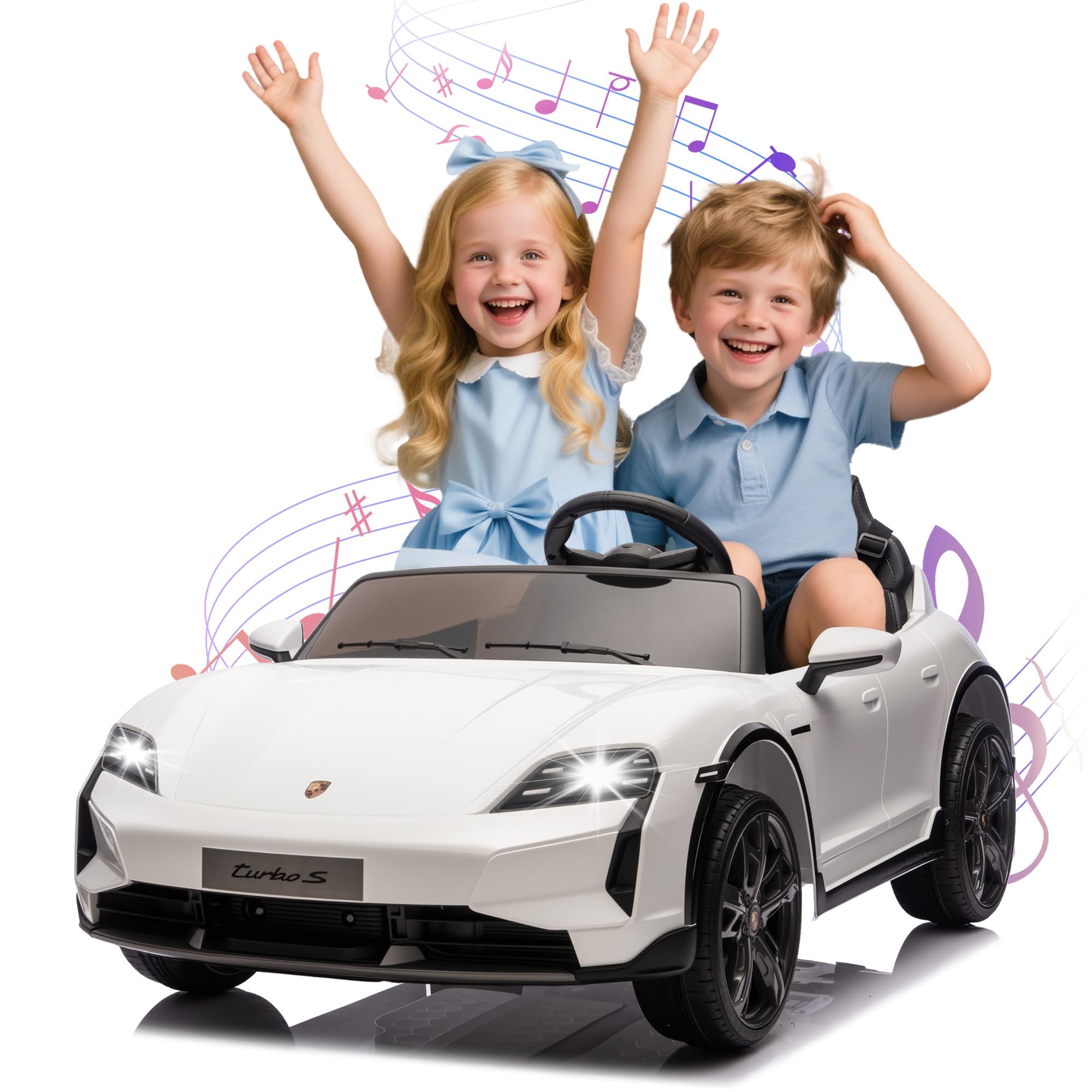 FORESEE Kids 24V Licensed Porsche Taycan Turbo S Electric Ride-On Car, 2-Seater w/Remote Control, LED Lights & Music - White
