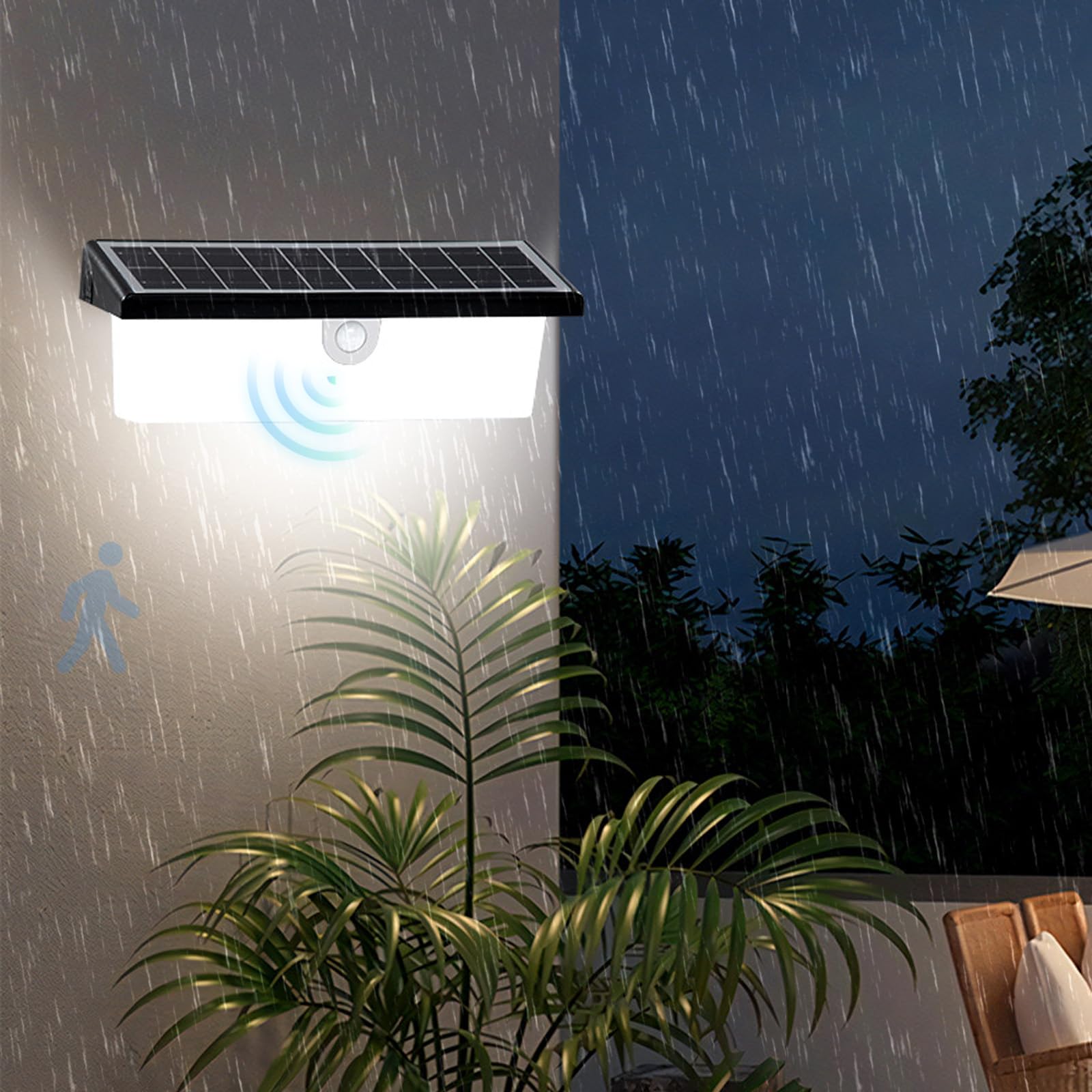 Applique da parete a LED a energia solare per esterni con sensore di movimento, illuminazione a LED, impermeabile IP65, moderna e senza fili, ideale per patio, terrazze e verande (luce nera e bianca)