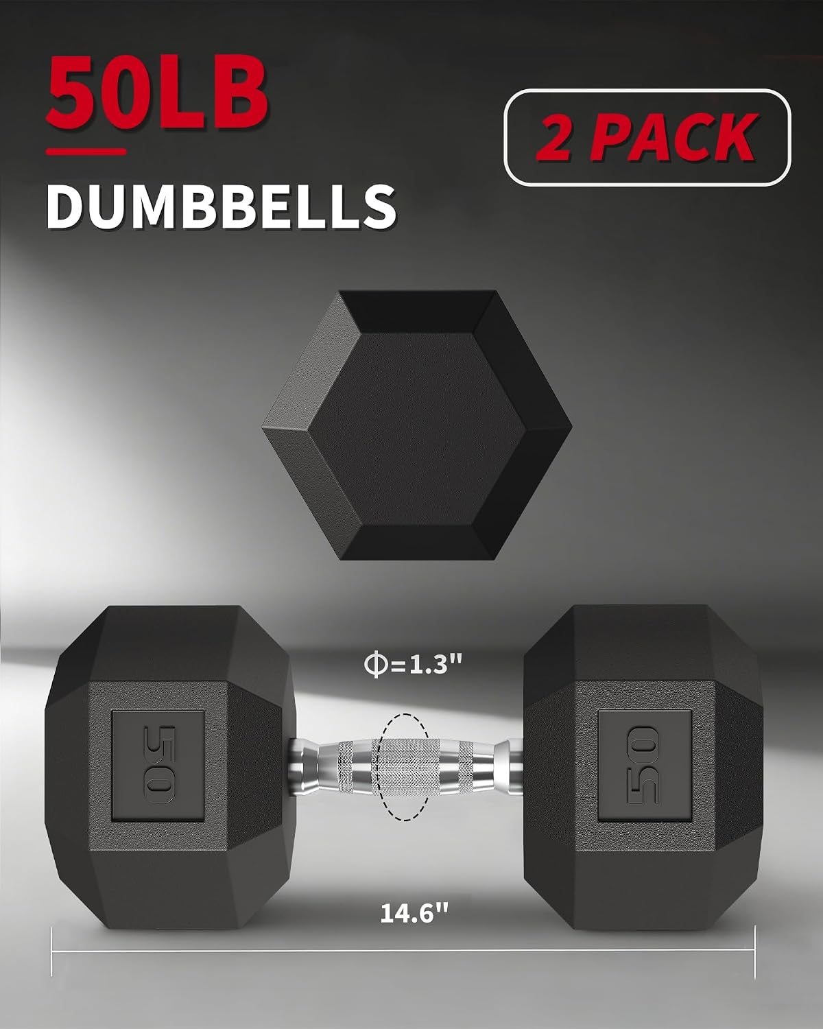 Garvee 5-50 LB Hex Dumbbell Set of 2, Hand Weights Dumbbells Pair with Cast Iron Core, Rubber Encased Coating and Textured Carbon Steel Handle for Home Gym Strength Training