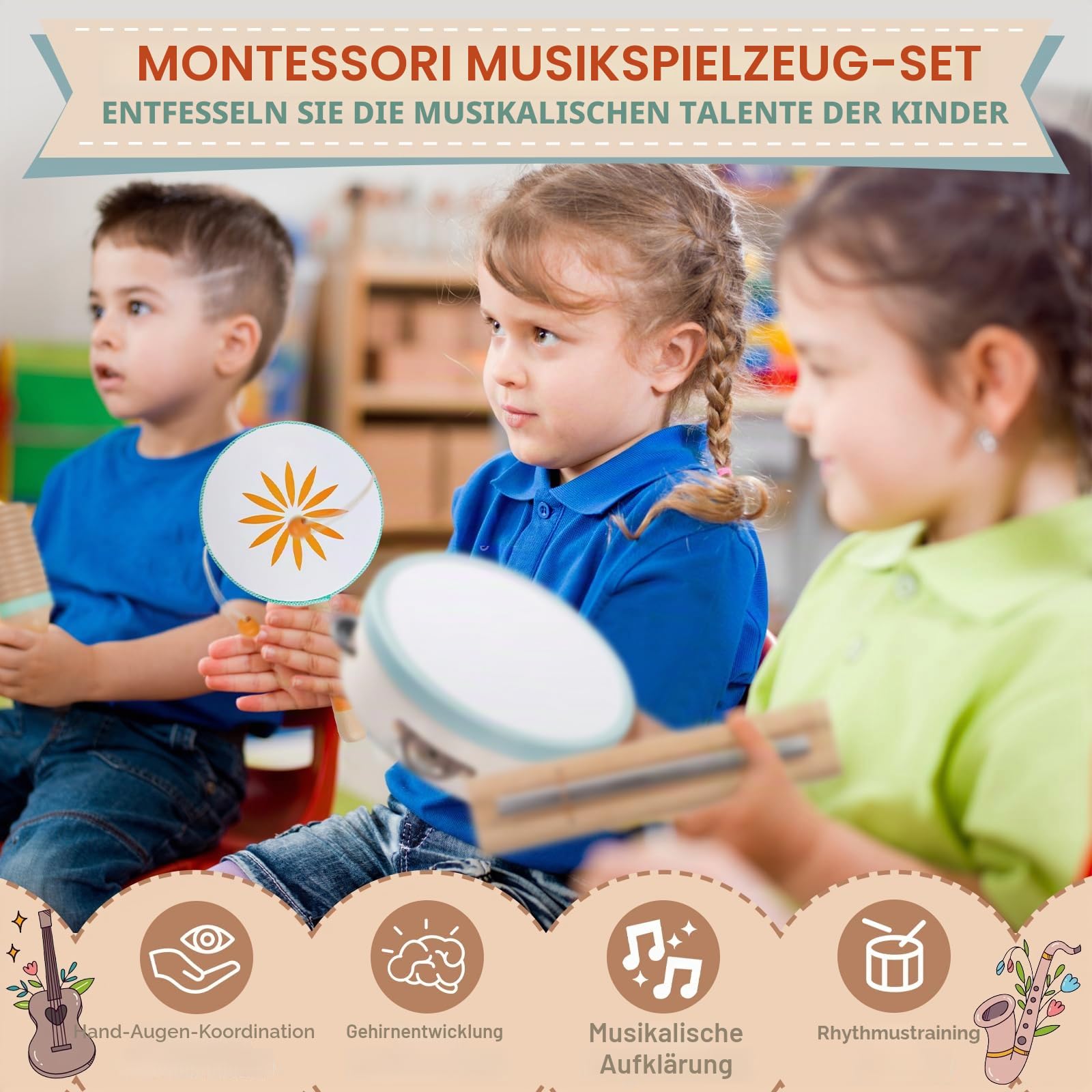 Baby Musical Instruments – Montessori Musical Toys for Toddlers, Wooden Percussion Instruments Set, Neutral Colors Music Learning Toys, Kids Preschool Educational Birthday Gifts