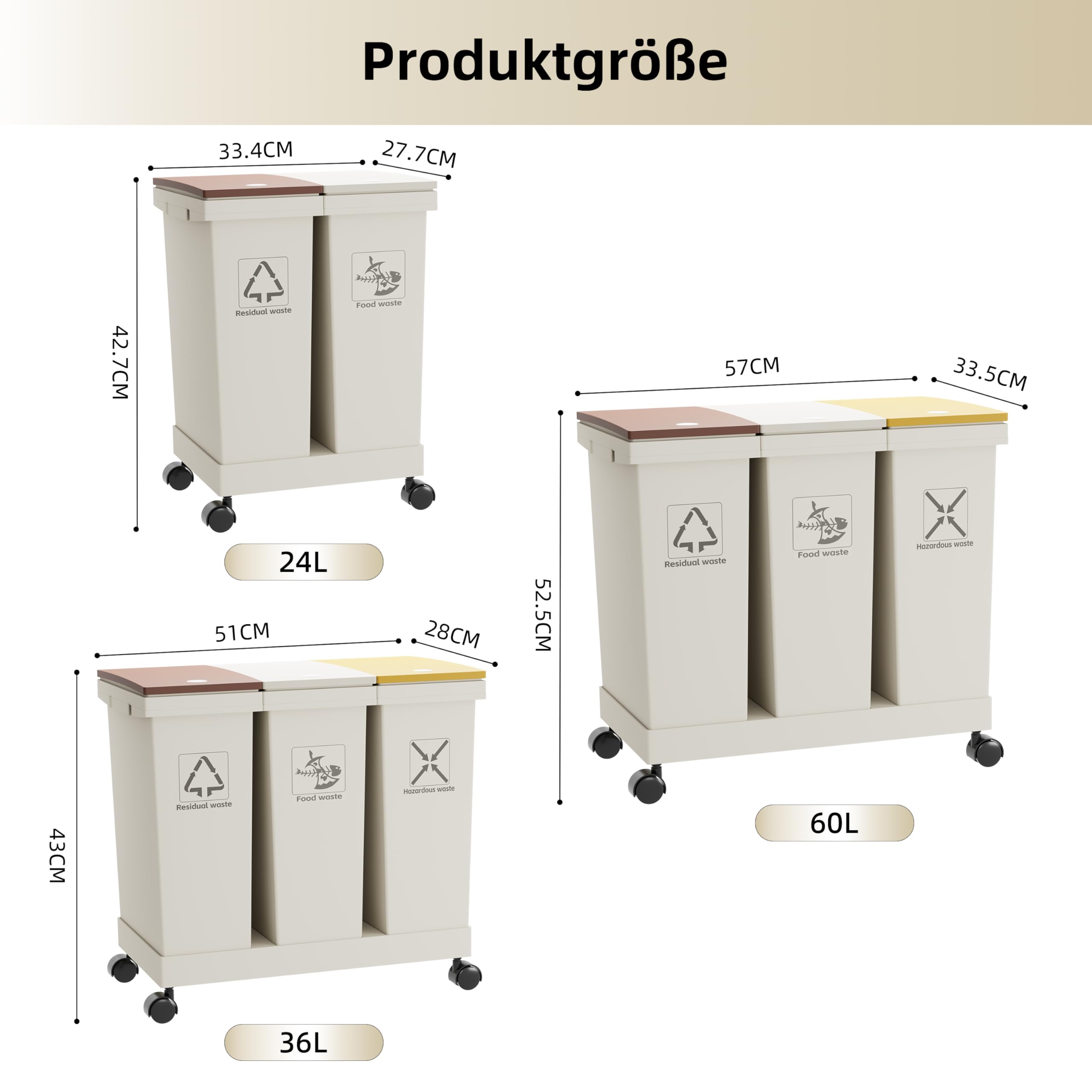 3-er Mülleimer-Set Küche Mülltrennsystem 3x Mülleimer mit Deckel, 3 X 12L, herausnehmbare Recycling-Mülleimer mit Rollen, Mülltrennsystem für Papier, Kunststoff, Glas, Küchenmülleimer (36L-100)