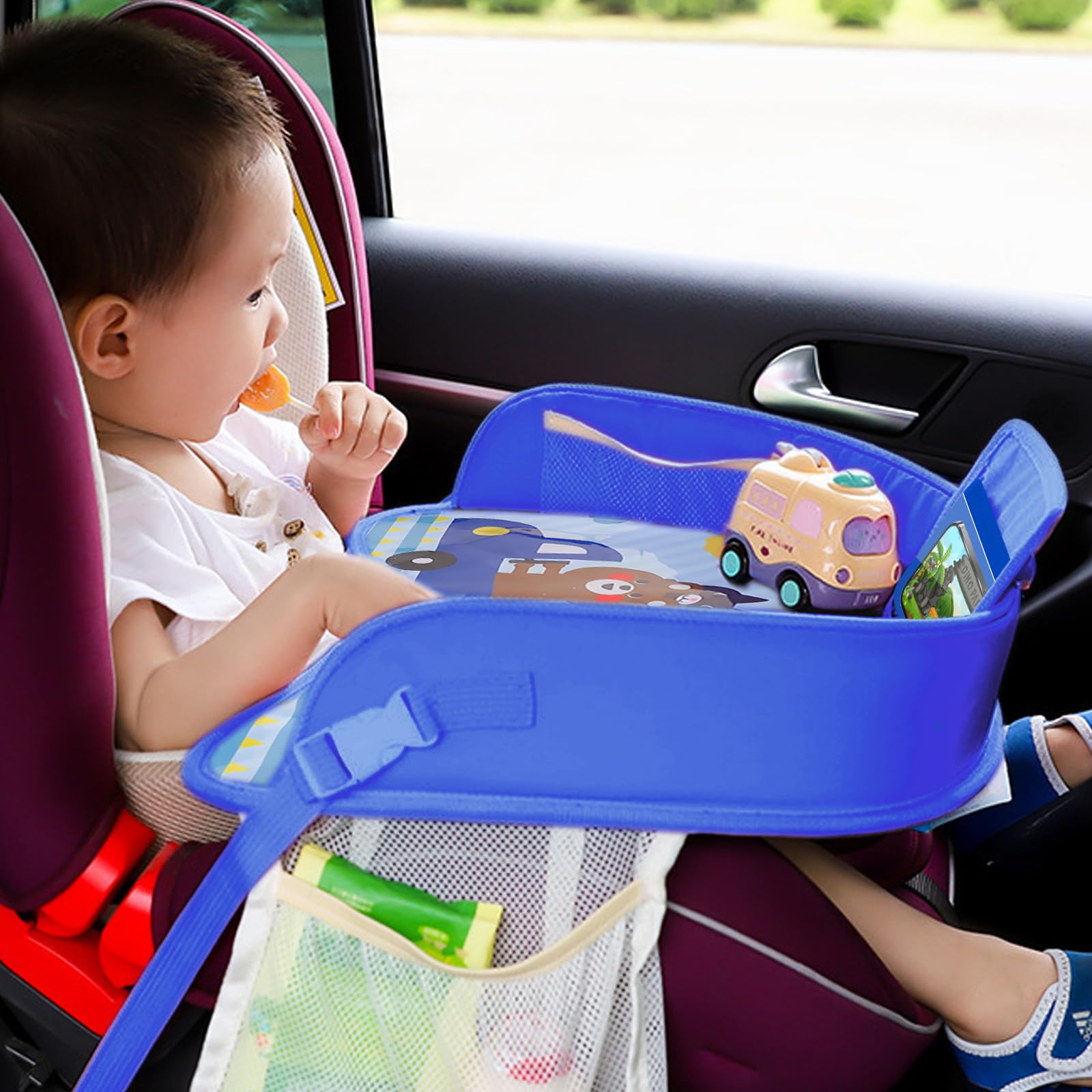 Table de voyage pour voiture pour enfants : Table de voyage pour siège auto, jeu pour enfants, tablette pour genoux pour enfants avec organisateurs, table double fonction pour enfants pour