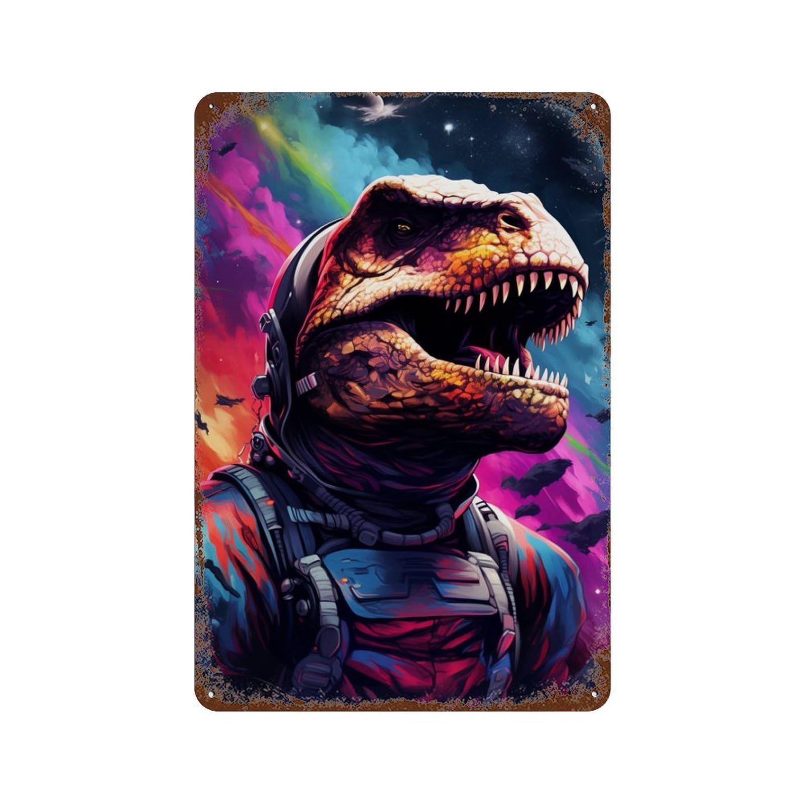 Space Dinosaur Adventure -23 11.8"x7.9" Rust Effect Tin Sign, Vintage Wall Decor for Farmhouse, Kitchen And Entryway Decor