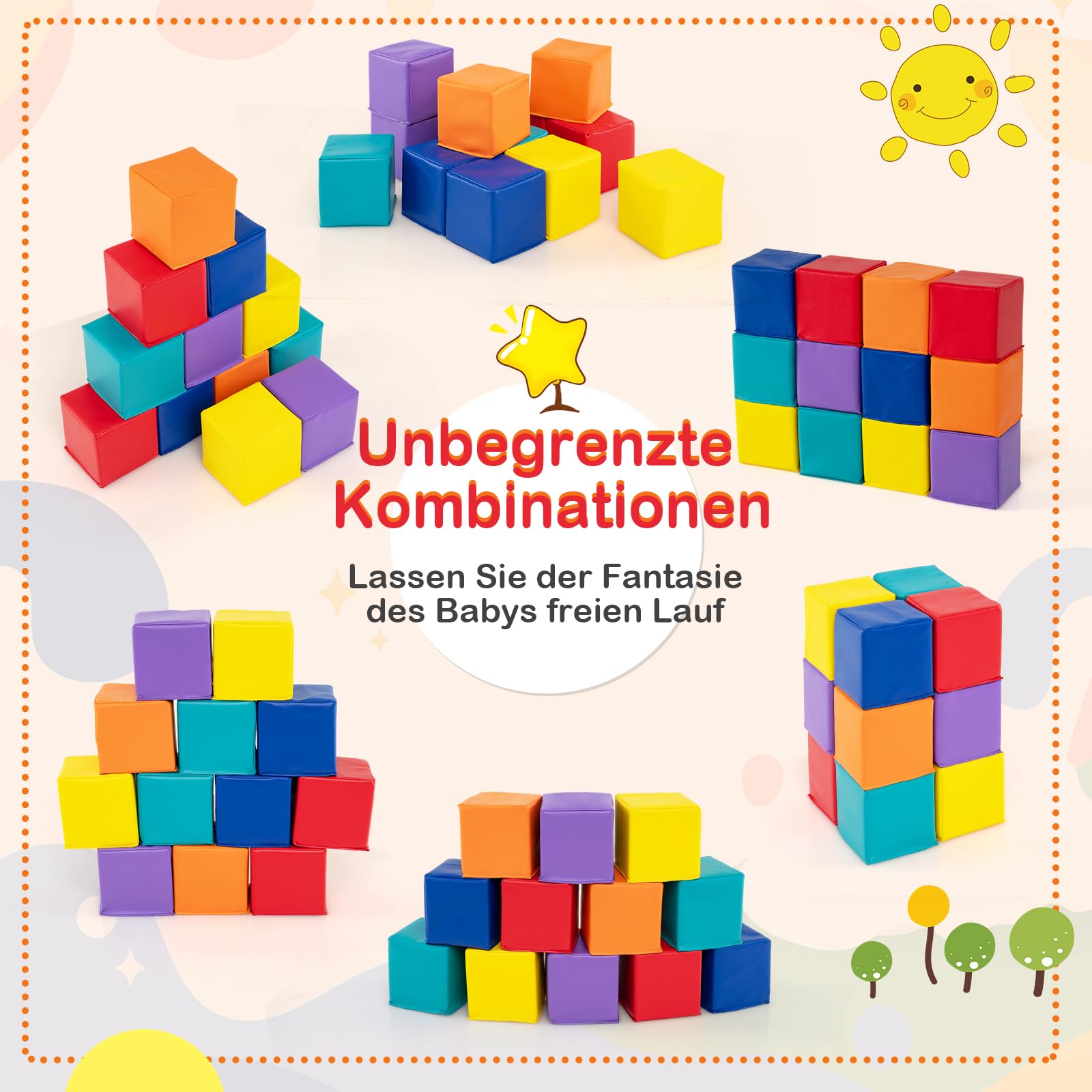DREAMADE 7/12 TLG. Schaumstoff Bausteine für Kinder, Bunte stapelbare Würfel mit Kunstlederbezug, Softbausteine Riesenbausteine Bauspielzeug für Kinder ab 1 Jahre (Bunt,12 TLG.)