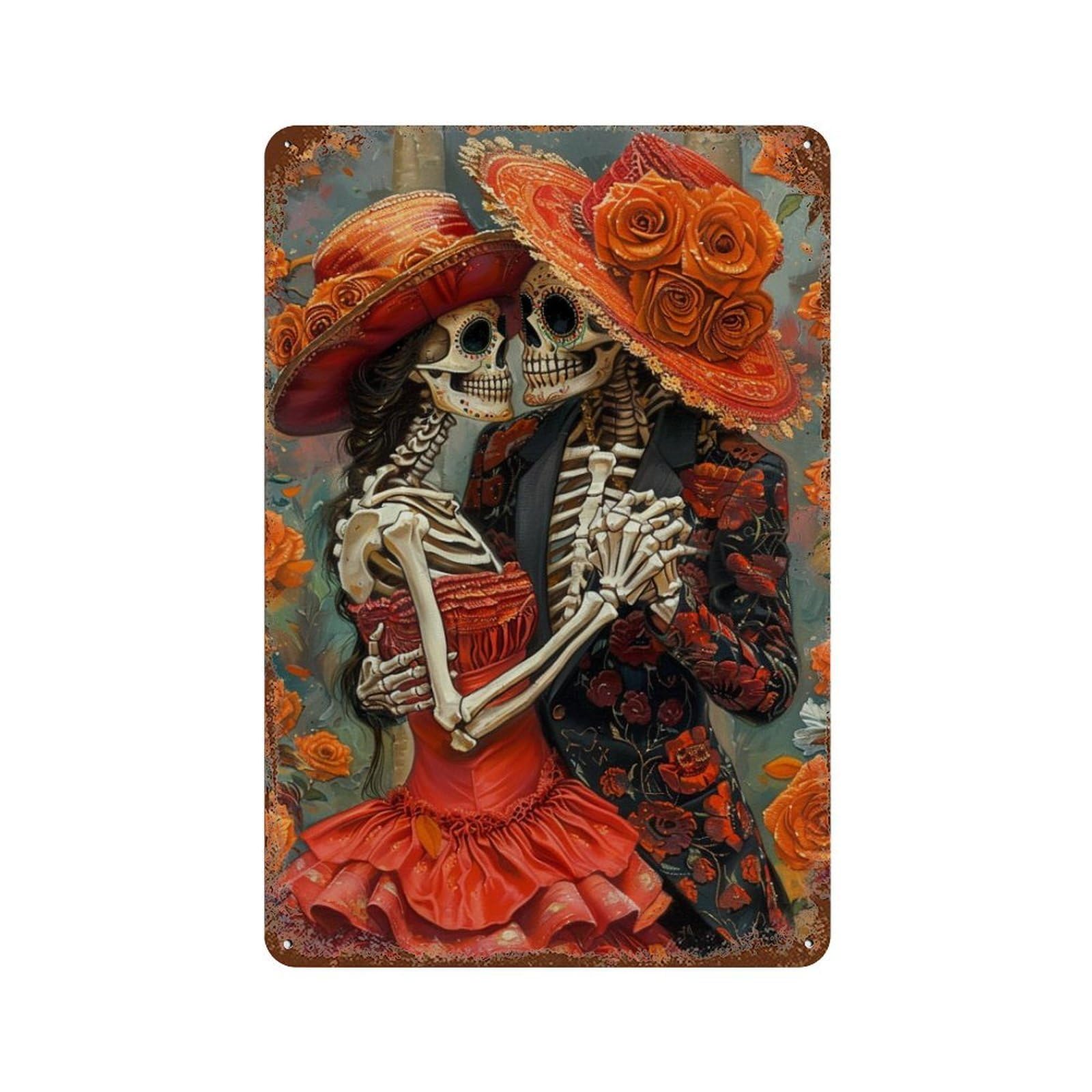 Day of The Dead Skeleton Couple Decorative Tin Sign 11.8"x7.9", Shabby Chic Decor for Garage, Pub Or Kitchen