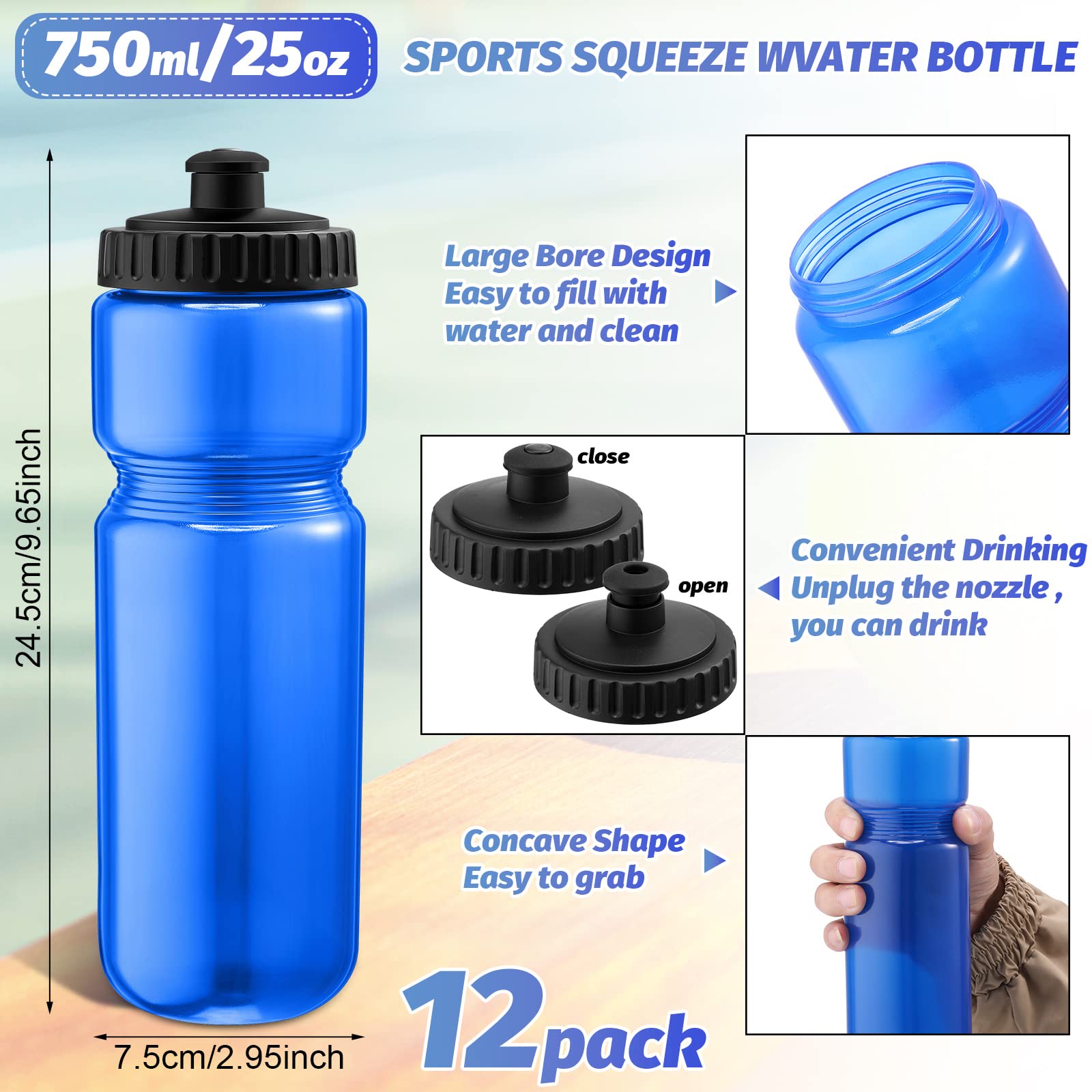 Mimorou 12 Stück Sport-Wasserflaschen 758 ml Sport-Wasserflaschen mit leicht zu öffnendem Push/Pull-Kappe, wiederverwendbare Kunststoff-Wasserflaschen für Fahrräder, Yoga, Outdoor-Sportarten (blau)