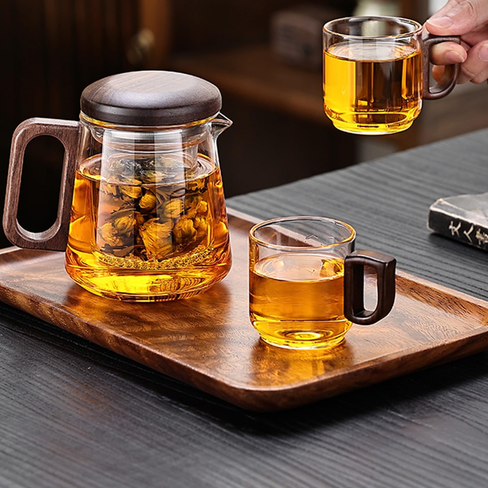500 ml Wasserabscheider-Teekanne aus Glas mit Holzgriff, Teekanne aus Glas mit Sieb, Magische Teekanne, Hexerei-Teekanne, Magische Teekanne, Druckkontrolle, Magische Teekanne, Teekanne aus Borosilikat