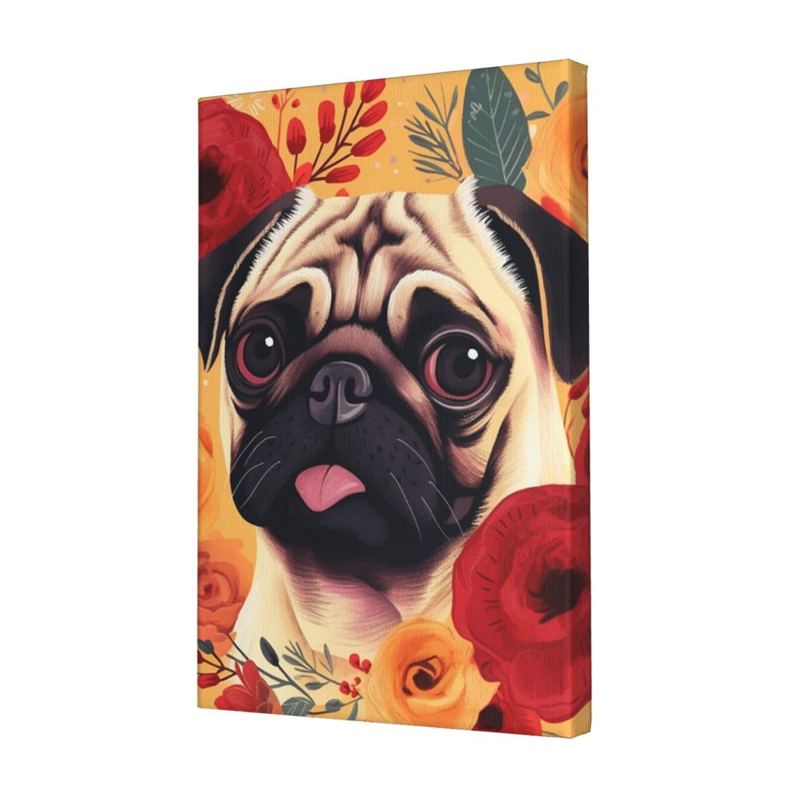 KLOPH Pug Flower Canvas Wall Art for Living Room 12"x18" Modern Artwork Painting for Bathroom Hanging Canvas Prints Aesthetic Wallart for Bedroom Kitchen Office Wall Decor
