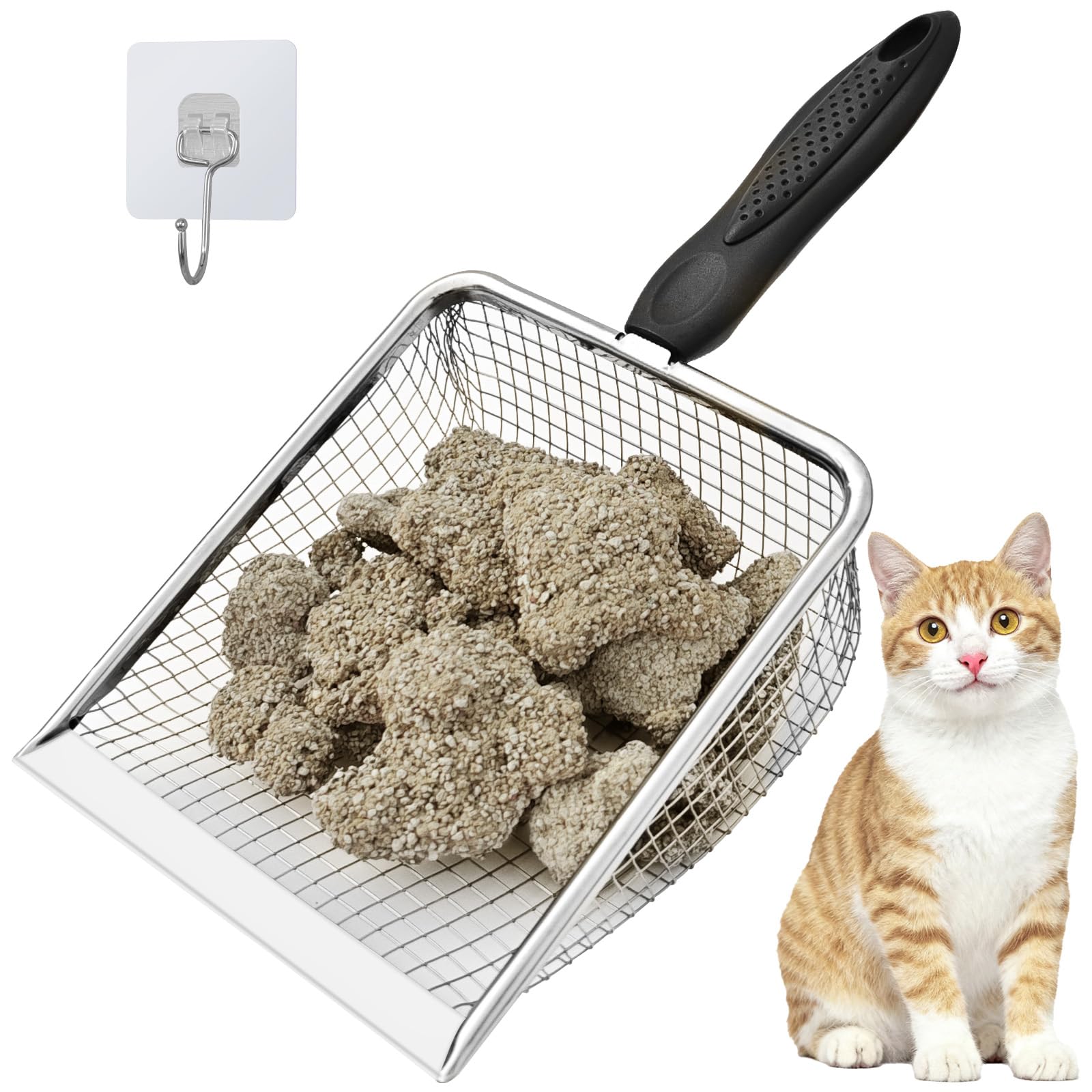 Widened Metal Cat Litter Scoop, Cat Scooper for Litter Box, Stainless Steel Pellet Kitty Litter Scoop, Cat Litter Scooper with Sticky Hang Hook for Easy Storage, Quickly Filter Litter Lumps(6mm Mesh)