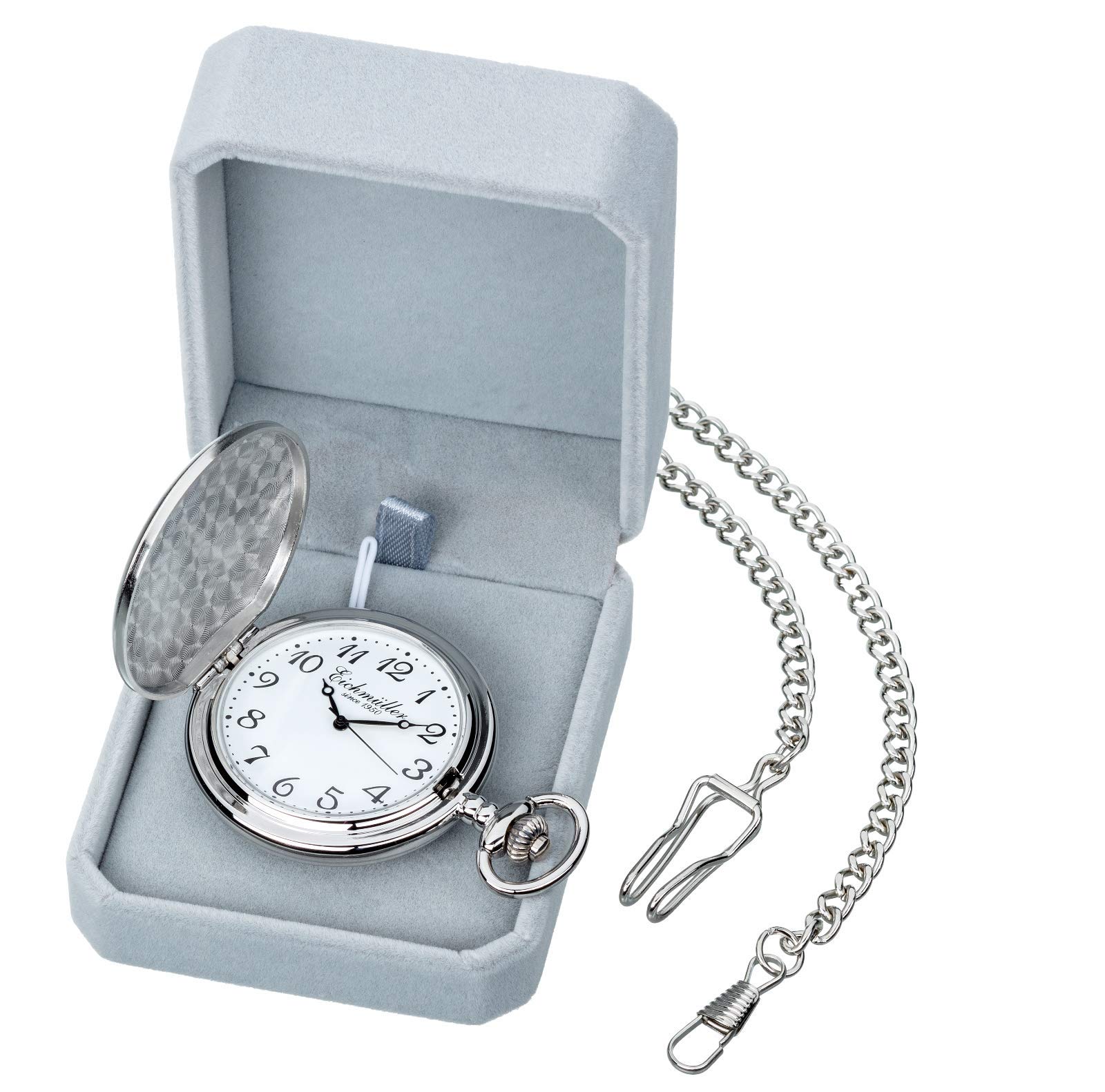 Eichmüller Savonnette Quartz Taschenuhr aufklappbar mit Karabiner Kette und Box