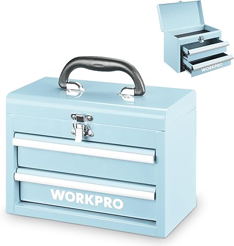 WORKPRO Mini caja de herramientas portátil, caja de herramientas de metal con 2 cajones con deslizadores de rodamientos de bolas, almacenamiento