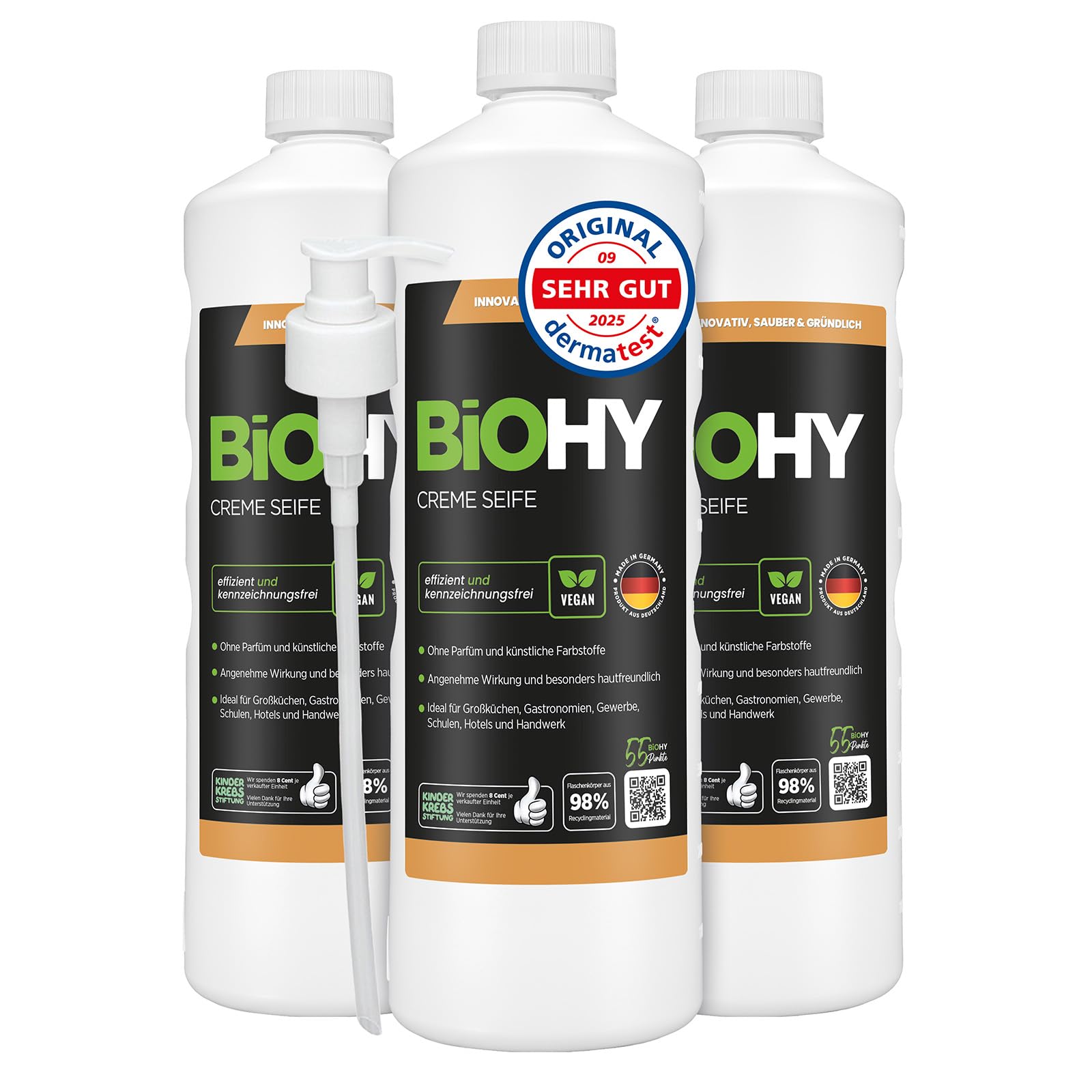 BiOHY Mydło w kremie (3 x 1 l) + dozownik z pompką, delikatne dla skóry, natłuszczające i bezzapachowe mydło do rąk | płynne opakowanie uzupełniające ze składnikami roślinnymi | nadaje się również do