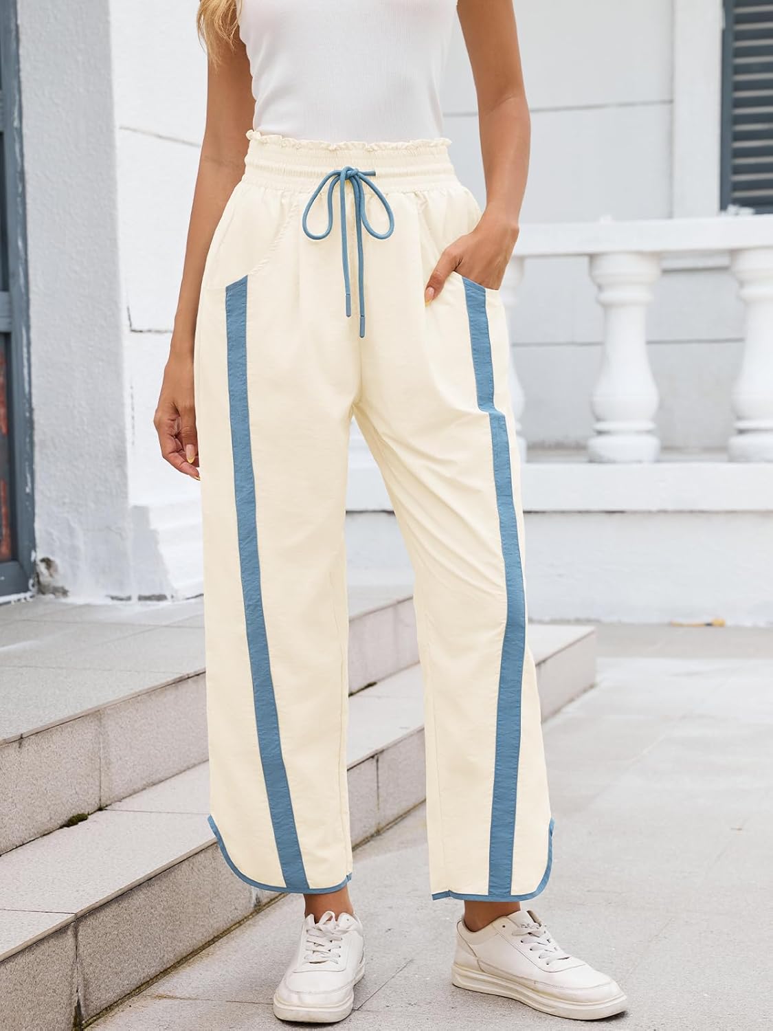 Womens Wide Leg Pants Baggy Drawstring Elastic Waist Stripe Casual Track Pants - Image 3