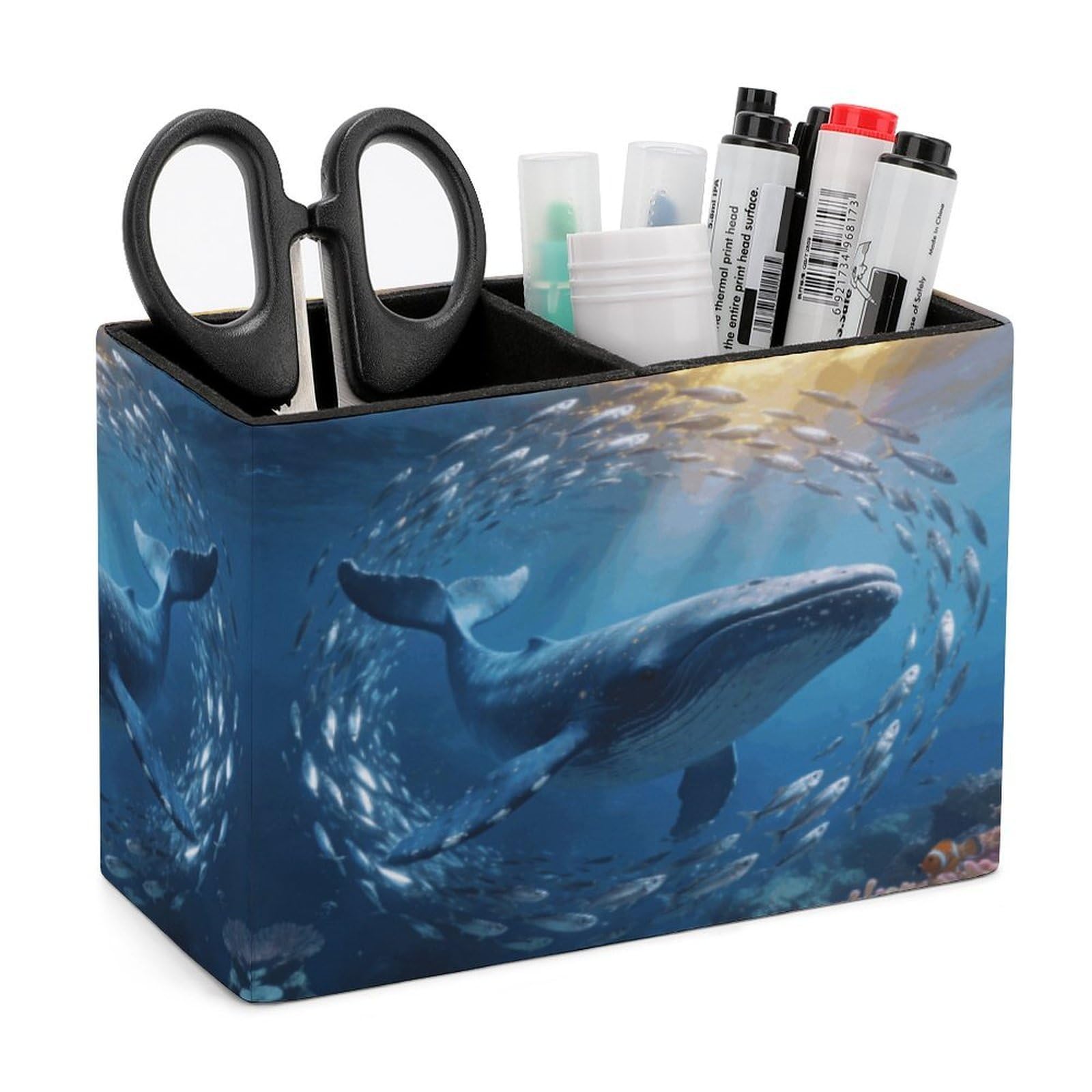 LZQPOEAS Exquisite Patterns PU Leather Pen Holder, Multifunctional Desktop Organizer Caddy with 2 Compartments, Ocean Themed Pencil Cup Makeup Brush Holder for Office Home