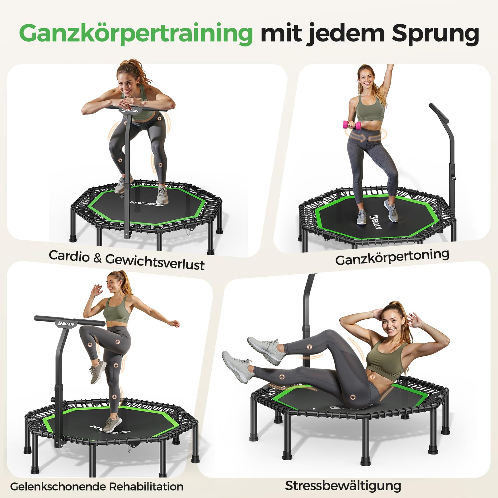 BCAN Achteckiges Indoor-Fitness-Trampolin, 130cm, Trampolin für Erwachsene bis 205 kg, mit verstellbarem T-Griff und großer Sprungfläche, stoßdämpfend und geräuscharm
