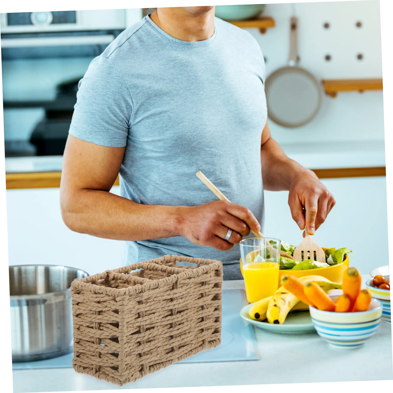 Cabilock Soporte para Cubiertos Multifunción de Papel Trenzado Beige, Organizador Compacto para Utensilios de Cocina, Porta Cubiertos Ligero para Mesas y Encimeras, Adecuado para Hogar