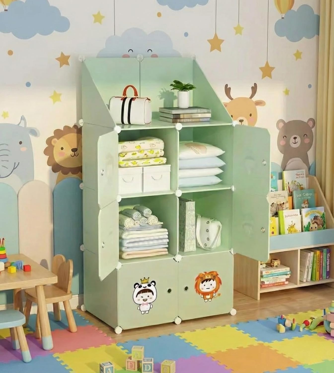 Sunderlook Plastic Wardrobe for Kids Clothes – Professional Collapsible Wardrobe, Easy to Use Foldable Almirah, Plastic Cupboard for Kids for Home (Green-B5, 6 Door)