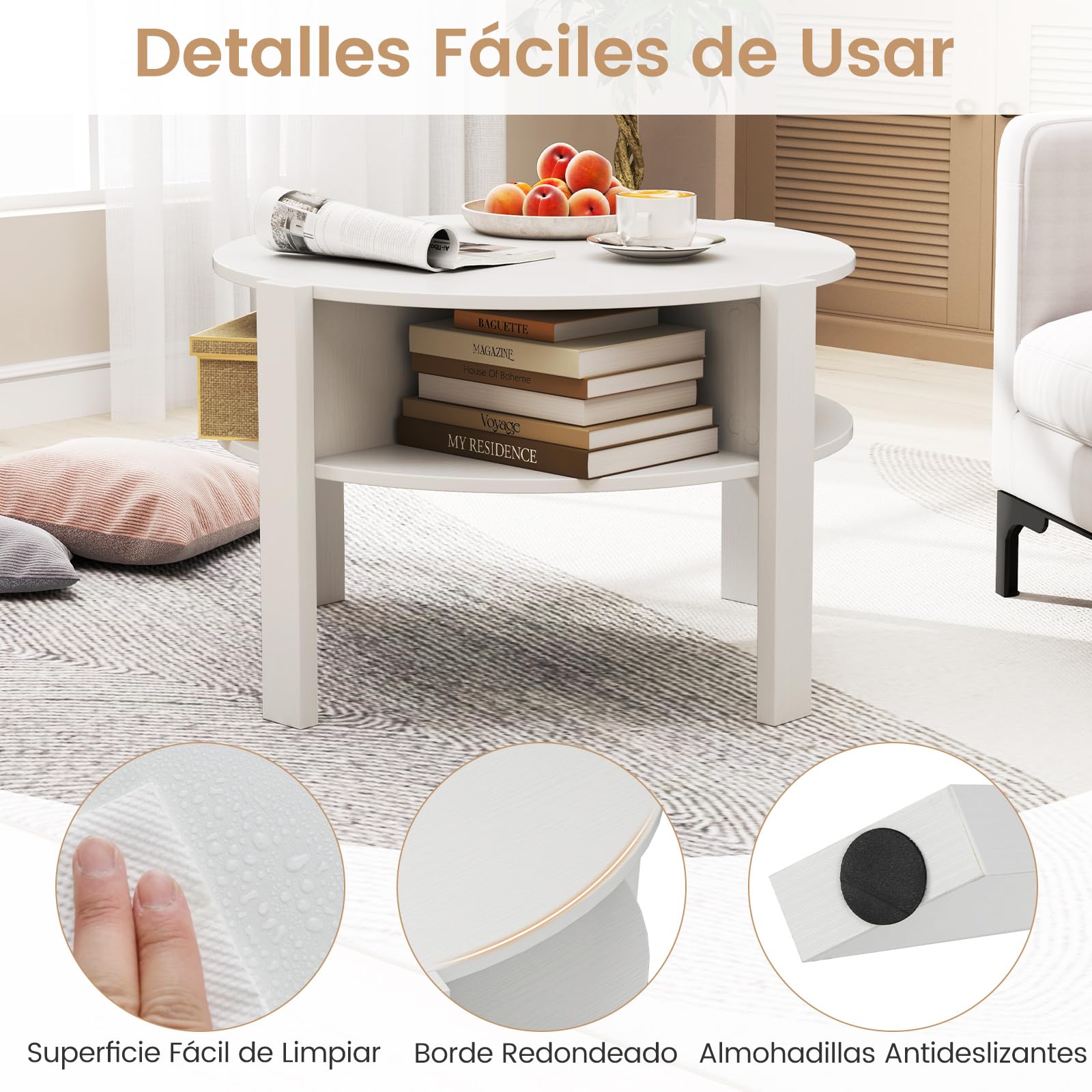 GOPLUS Mesa de Centro Redonda de 2 Niveles, Mesa de Café de Madera con Compartimiento Abierto, Almohadillas Antideslizantes, Mueble para Salón, Oficina, Sala de Espera, Carga 60 kg (Blanco)