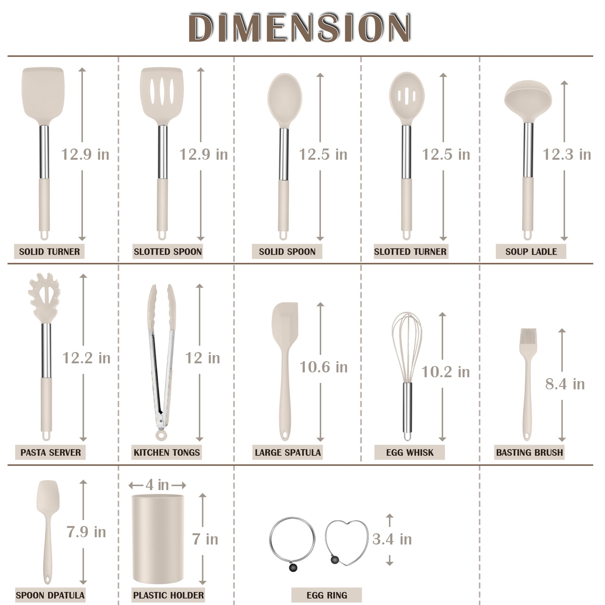 E-far Juego de 14 utensilios de cocina de silicona caqui