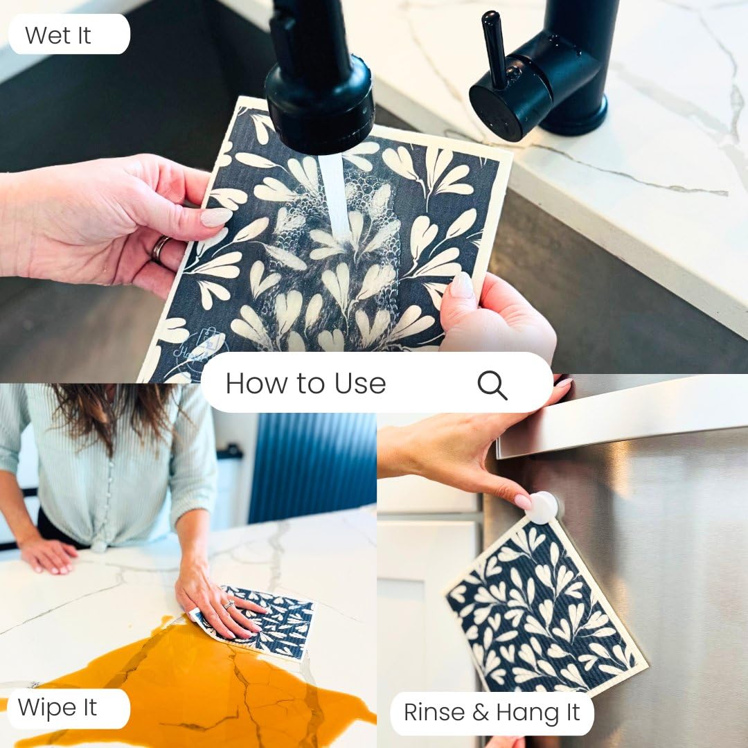 Harps&Seb Paños de cocina suecos para cocina, paquete de 6, toallas de papel reutilizables con clips, súper absorbentes, lavables, antiarañazos, sin olor, biodegradables