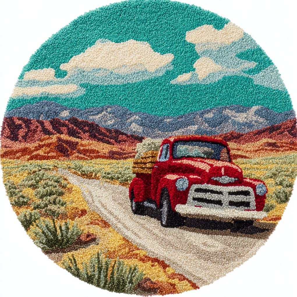 kitphoenix Round DIY Latch Hook Rug Kits Truck 20X20Inch (50X50Cm) Easy for Beginners Round Carpet Crochet Yarn Craft Large Rug Hook and Latch Tapestry for Home Decor