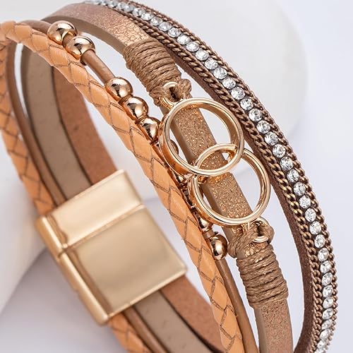 Miniatura 5 de FANCY SHINY Pulseras bohemias de cuero con cuentas doradas para mujer, apilables con cierre magnético