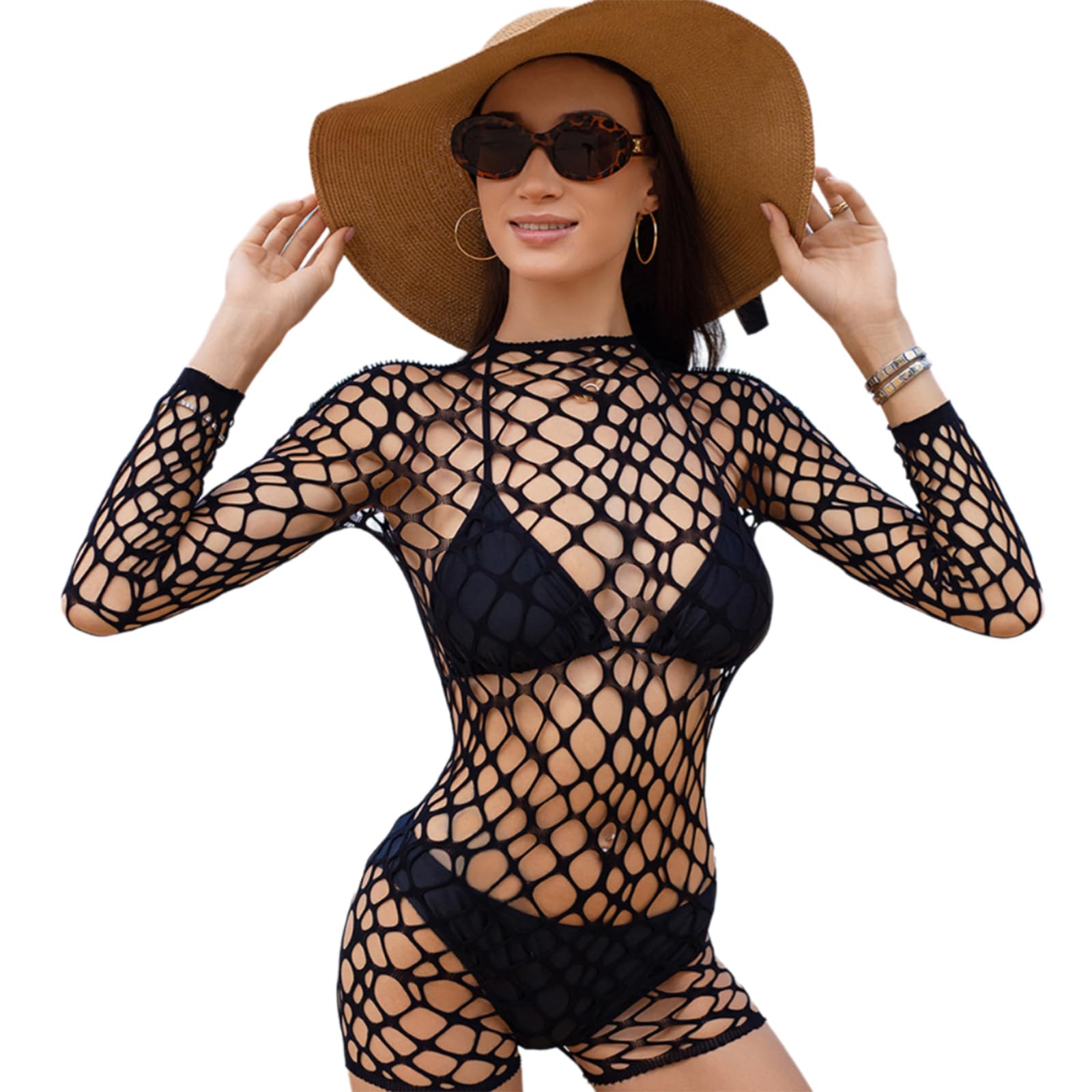 See Through Fishnet Bodysuit Tights For Ladies Long Sleeve Hollowed Sheer Mesh Lingerie Shorts Jumpsuit Romper Clubwear