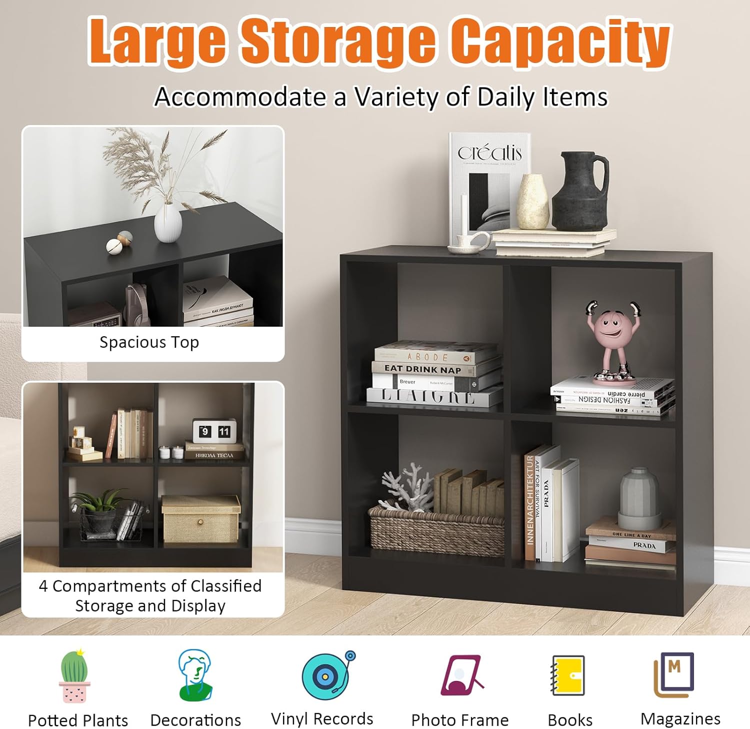 Cube Bookcase, 2-Tier Black Book Shelf with 4 Cubes, Small Bookshelf Under Window, Cubical Storage Shelves for Bedroom, Living Room, Home Office