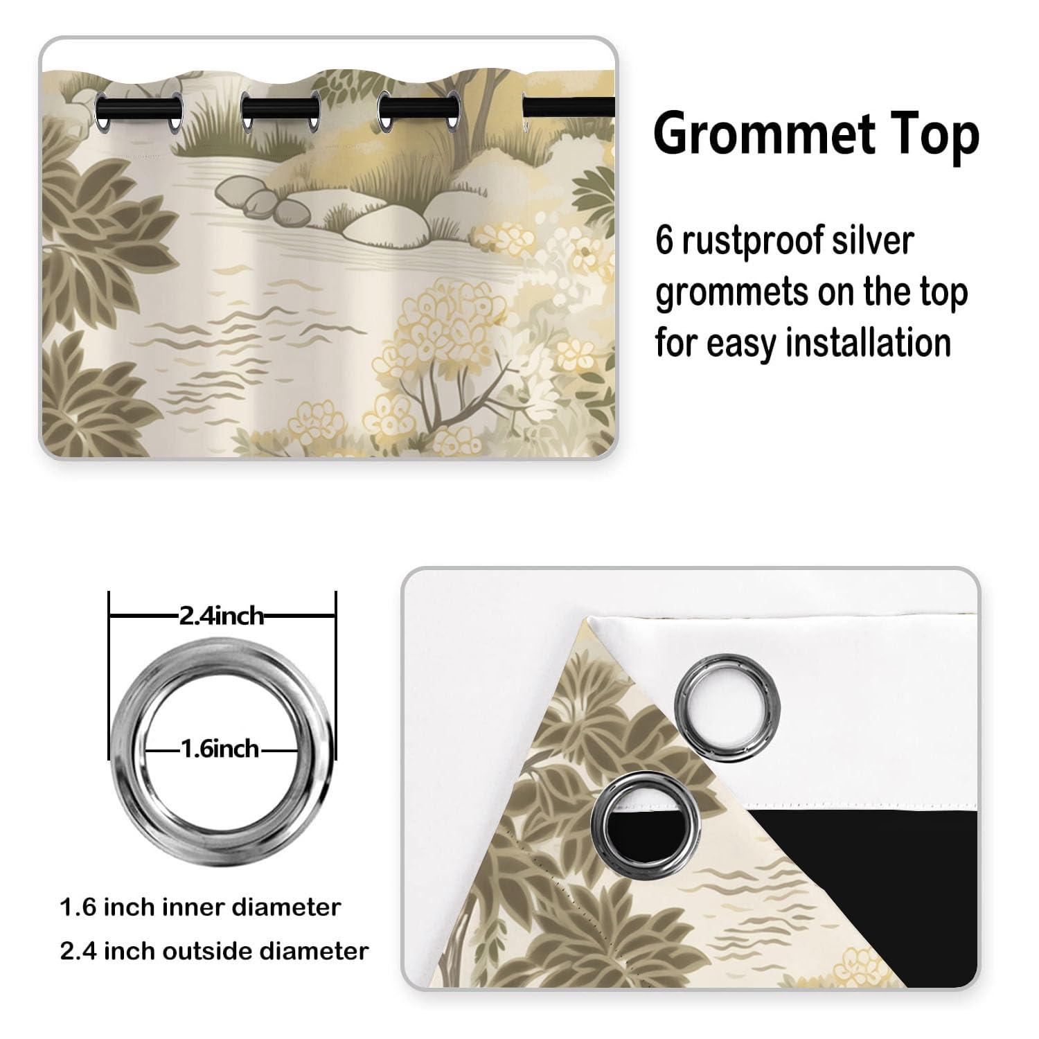 Rideau Occultants Paysage De Jardin Japonais Beige 140X160 Cm (Lxh) | Rideau Opaque Thermiques Plantes Élégantes Rivières Pour Chambre D'Enfant, Lot De 2 Draperies Intérieurs À Oeillets