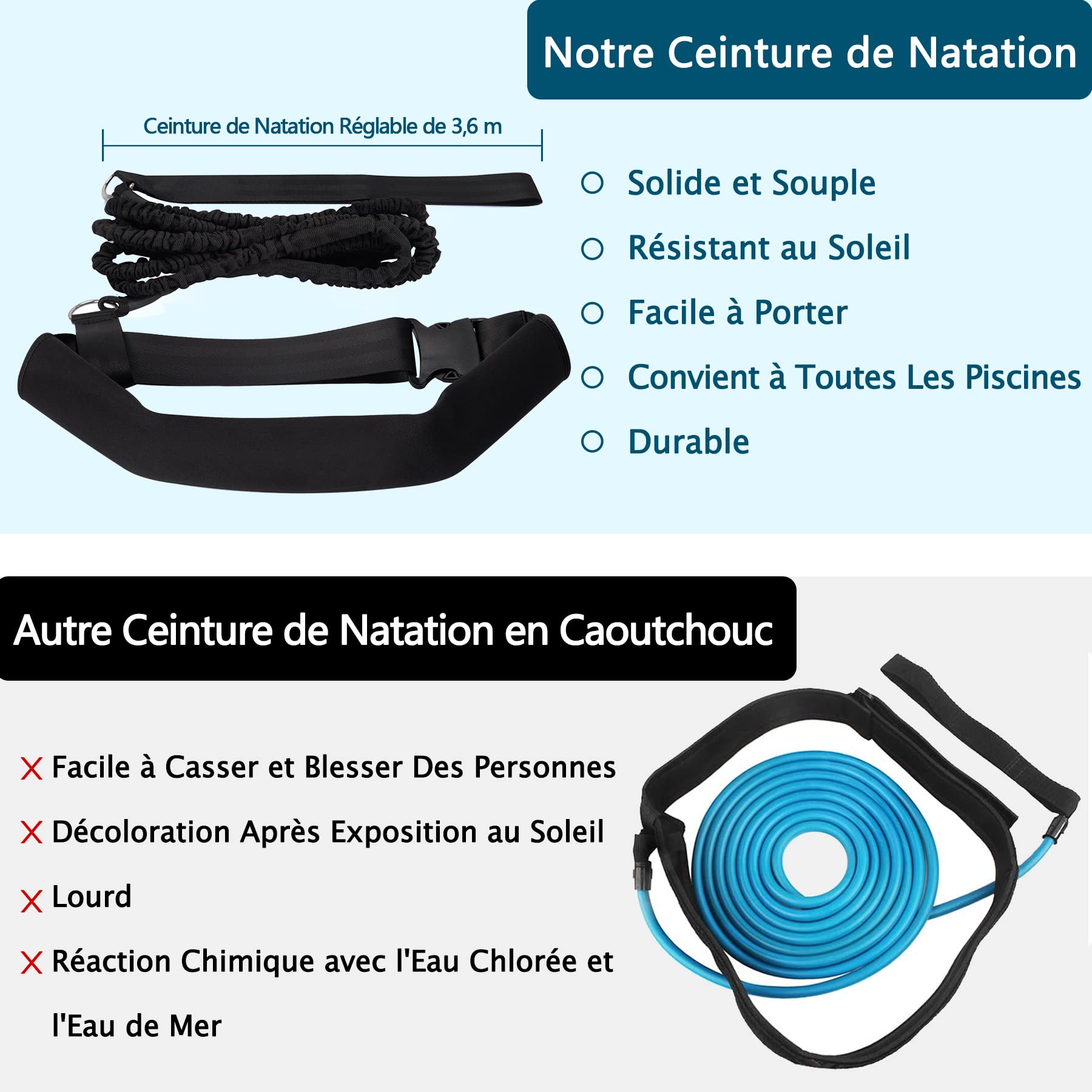 Boosteady Ceinture de Natation Piscine 3.6M réglable Entraînement Enfants Adultes