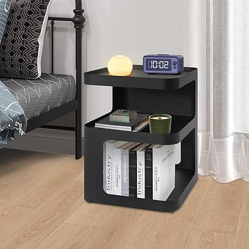 Miniatura 2 de Mesa auxiliar moderna de metal, mesita de noche de acero al carbono de 3 niveles, mesa auxiliar pequeña con almacenamiento abierto, mesa decorativa