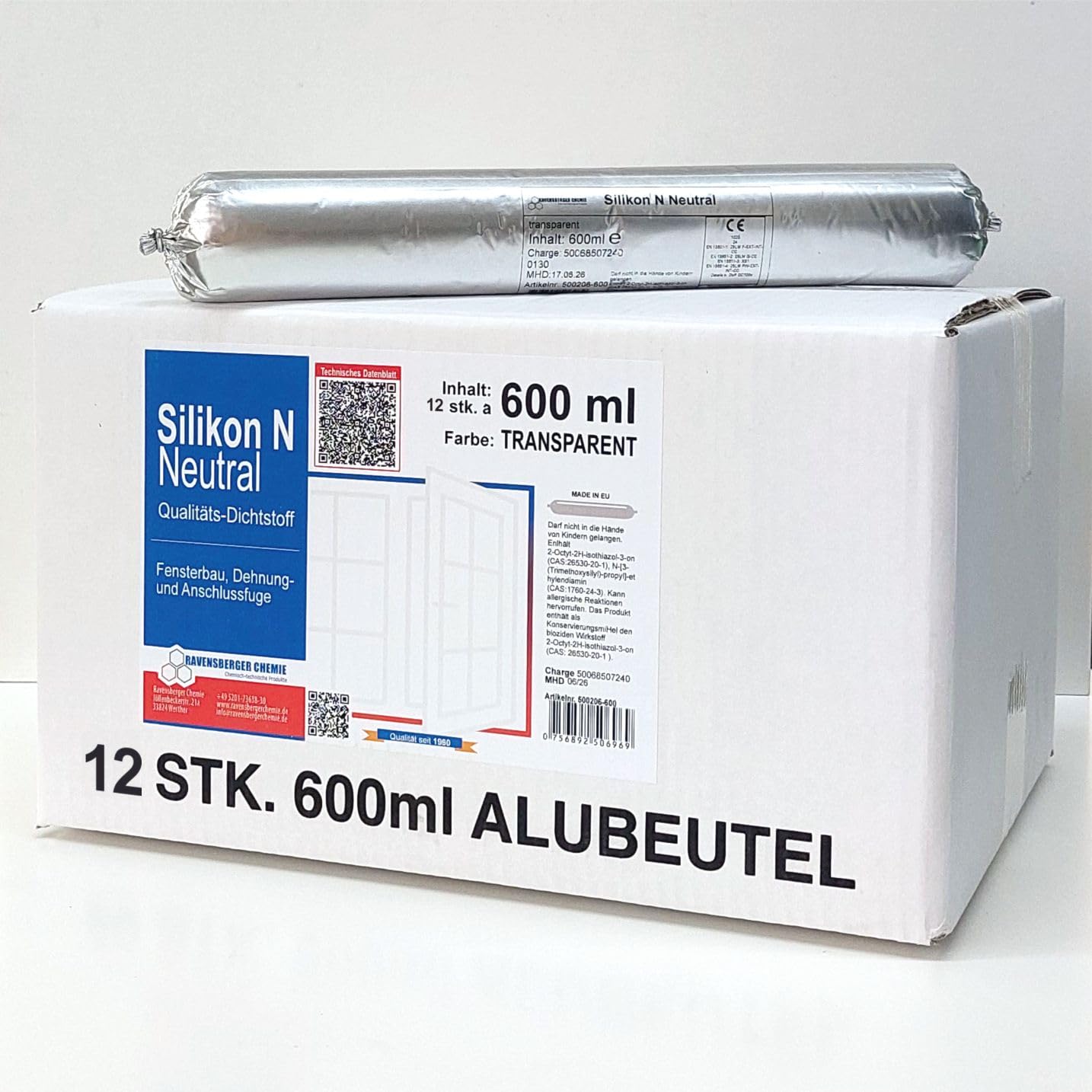 Silikon N Bausilikon transparent - Folienbeutel – neutralvernetzend für Fenster- & Bauanschlussfugen, Glasversiegelung & Dehnfugen – sehr gut verarbeitbar - 12x 600 ml