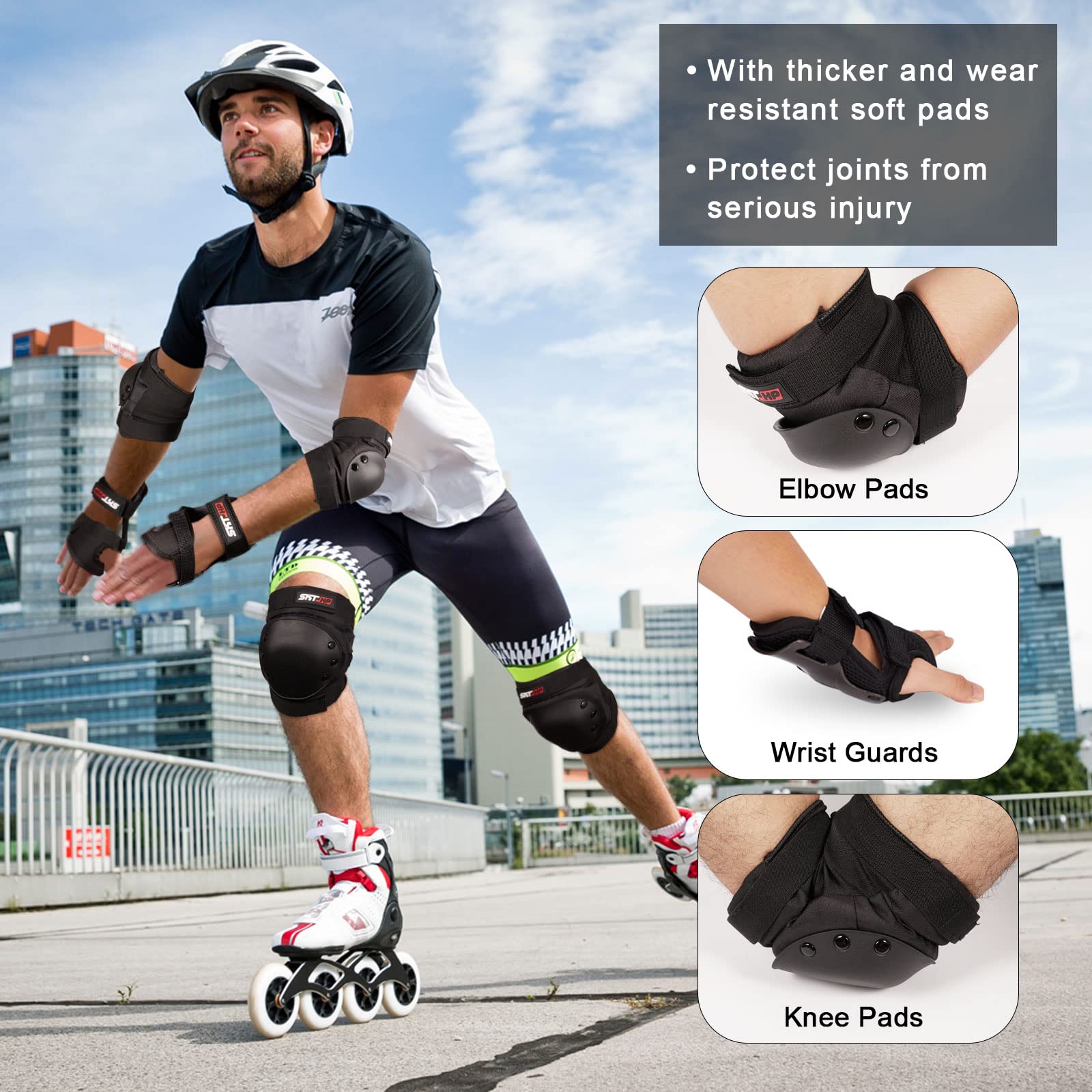 Rodilleras para patineta para adultos, rodilleras para mujeres, hombres, jóvenes, muñequeras para patinaje sobre ruedas, color negro 6