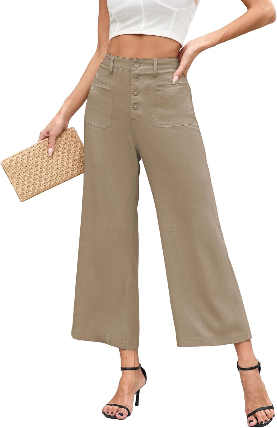 Famulily Womens Linen Pants for Summer Button Down Wide Leg Cropped Pants Casual Capri Pants with Pockets