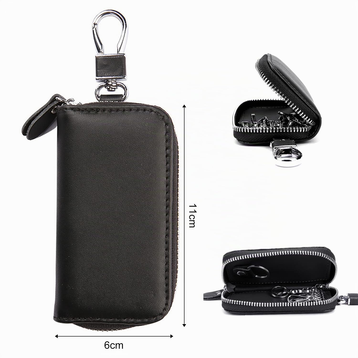 1 pièce de porte-clés de voiture en cuir de vache, portefeuille à fermeture éclair de grande capacité avec crochet, porte-clés de style classique pour cartes bancaires, clés (noir), Noir , 50
