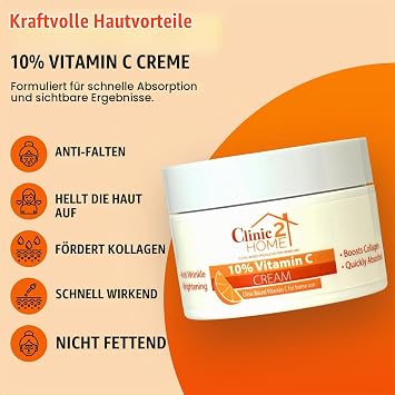 Vitamin C Cream - Powerful 10% Vitamin C Face Cream Against Dark Spots Wrinkles & Fine Lines - Anti-Ageing Collagen Boost & Skin Whitening Pure Vitamin C