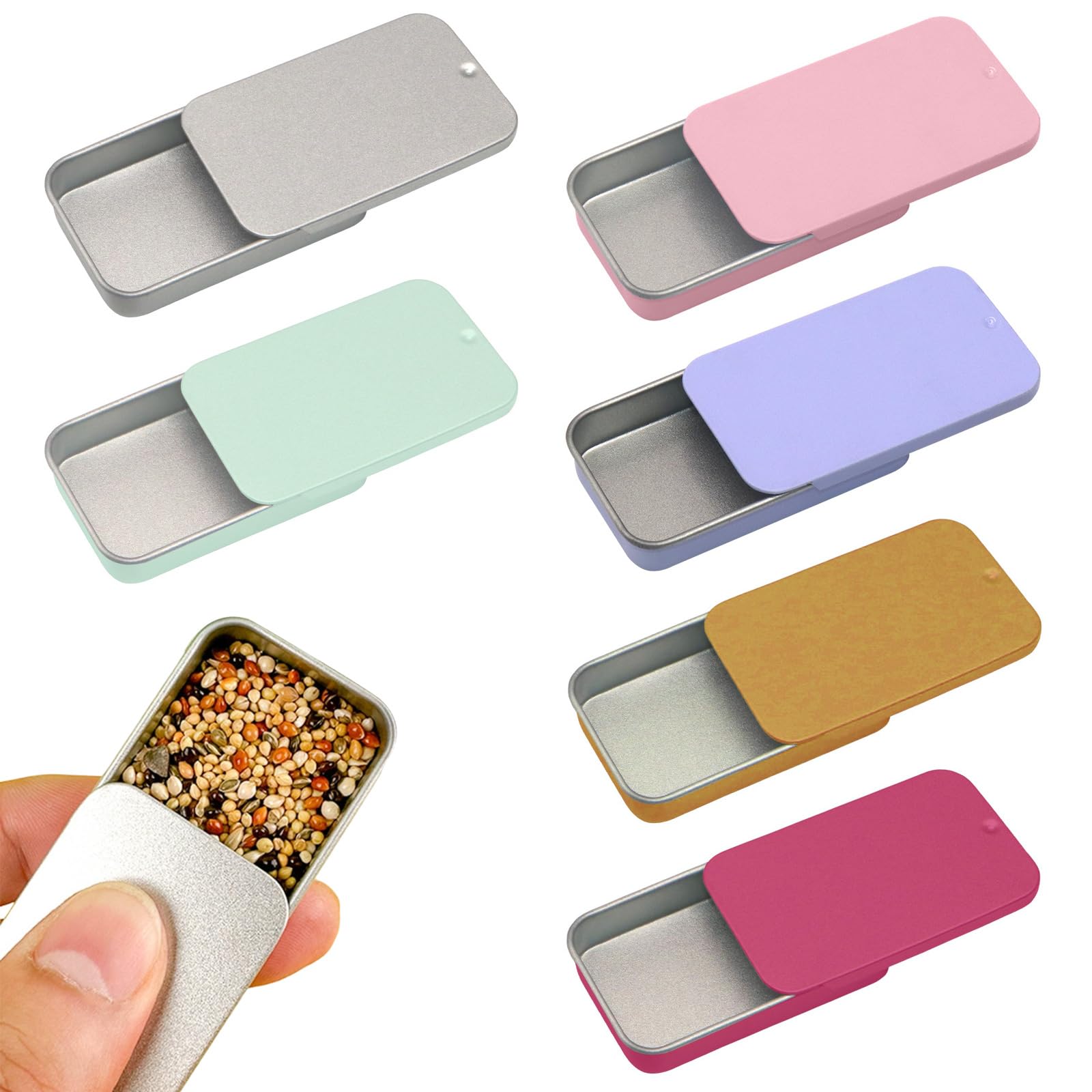 6 Pcs Mini Metal Tin Boxes, Rectangular Sliding Lid Storage Containers, Portable Small Tin Cases for Earplugs, Pills, Beads, Nails, Jewelry Findings & Tiny Trinkets, 6 Assorted Colours