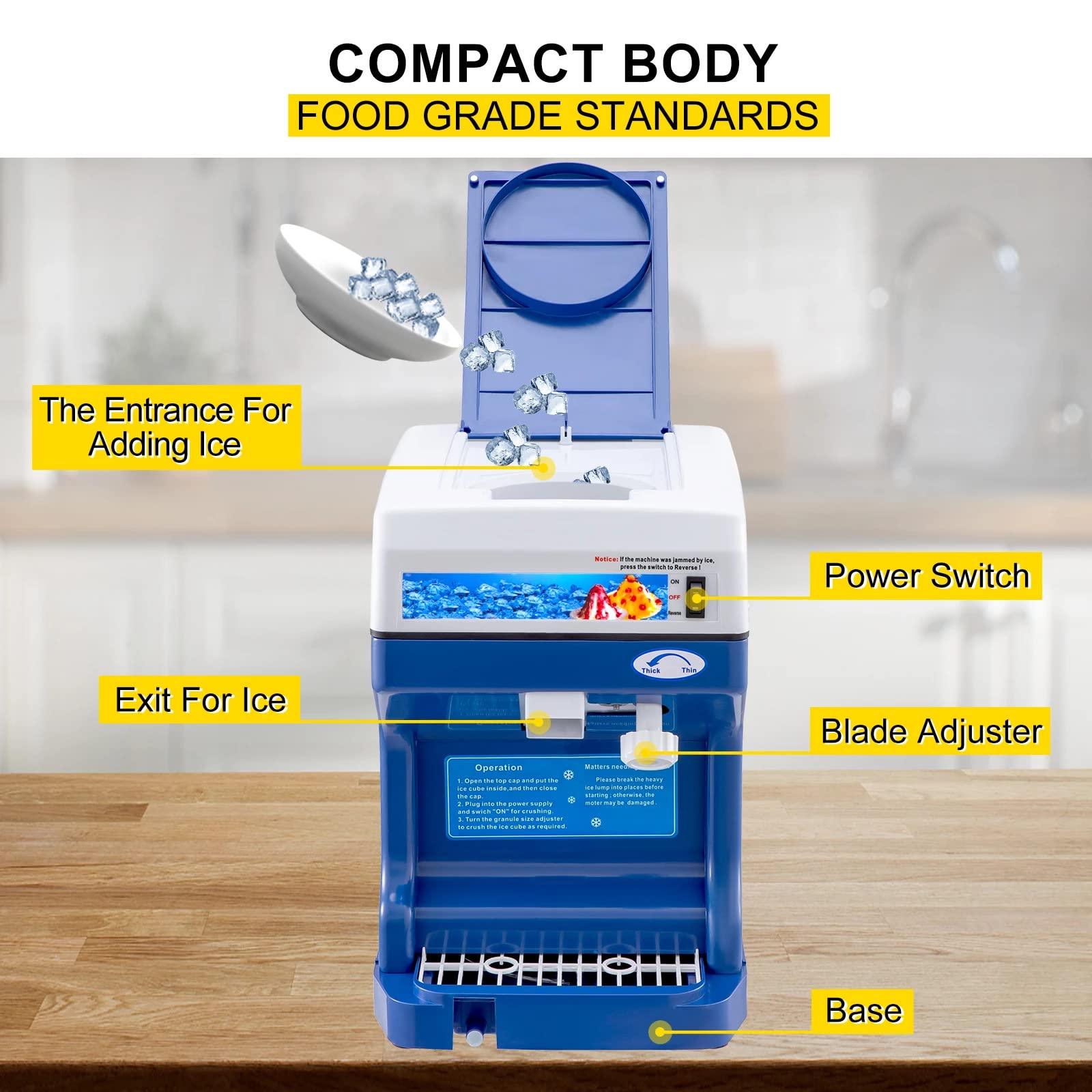 Máquina eléctrica para Hacer Conos de Nieve, trituradora de Hielo raspado de Mesa de 250 W licuadora para Batidos de 265 LB/H para Cocina doméstica, cafetería y Restaurante,